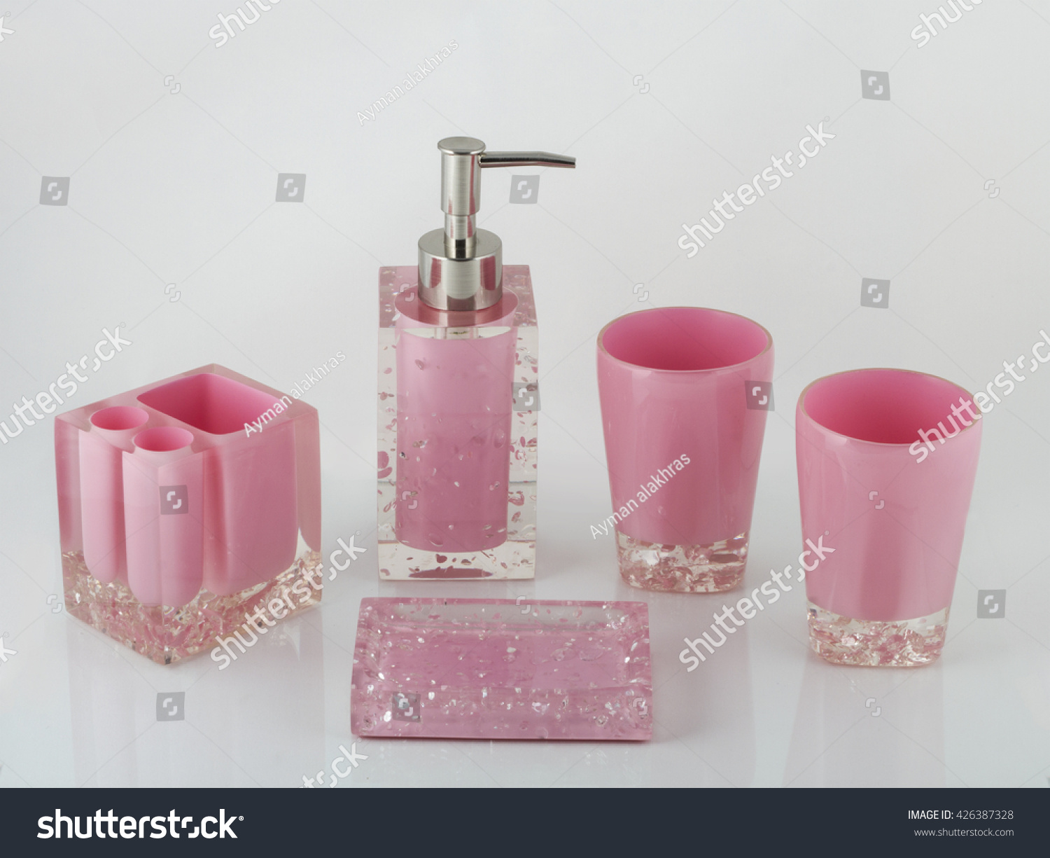 Pink Bathroom Accessories Reflection On Gray Stock Photo Edit Now