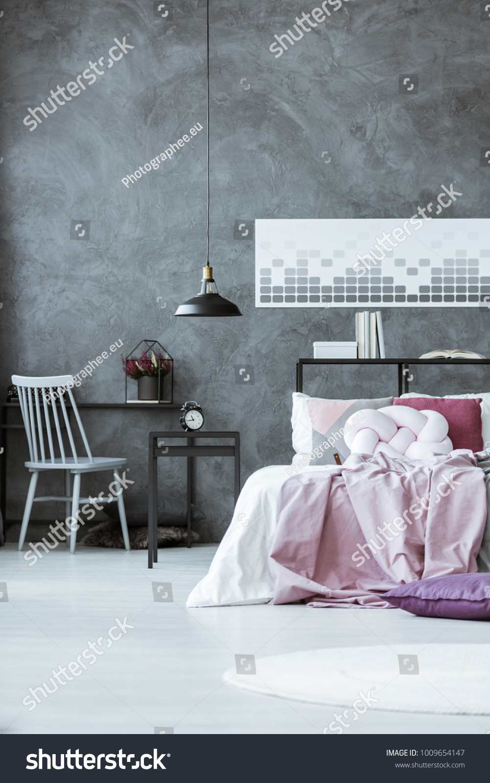 Pink Bedding On Bed Next Nightstand Stock Photo Edit Now 1009654147