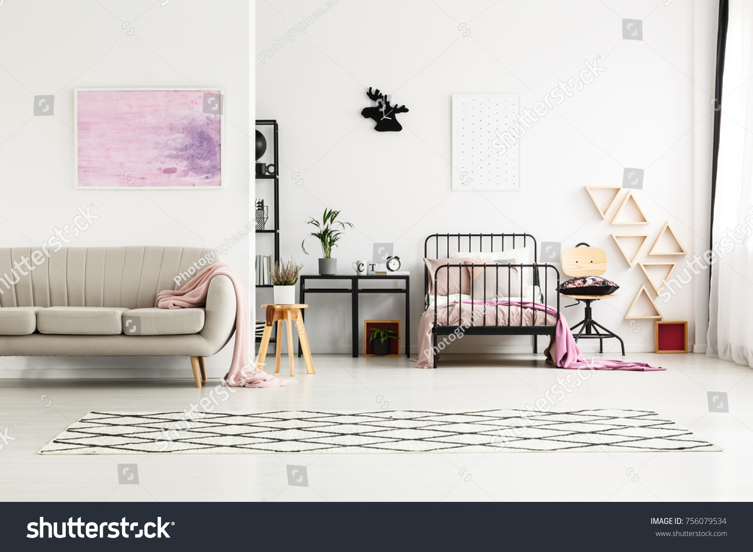 Pink Painting Above Beige Sofa Multifunctional Stock Photo Edit