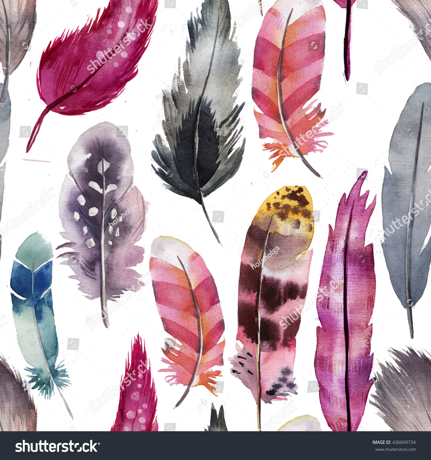 Pink Pattern Watercolor Feathers Stock Illustration 436049734