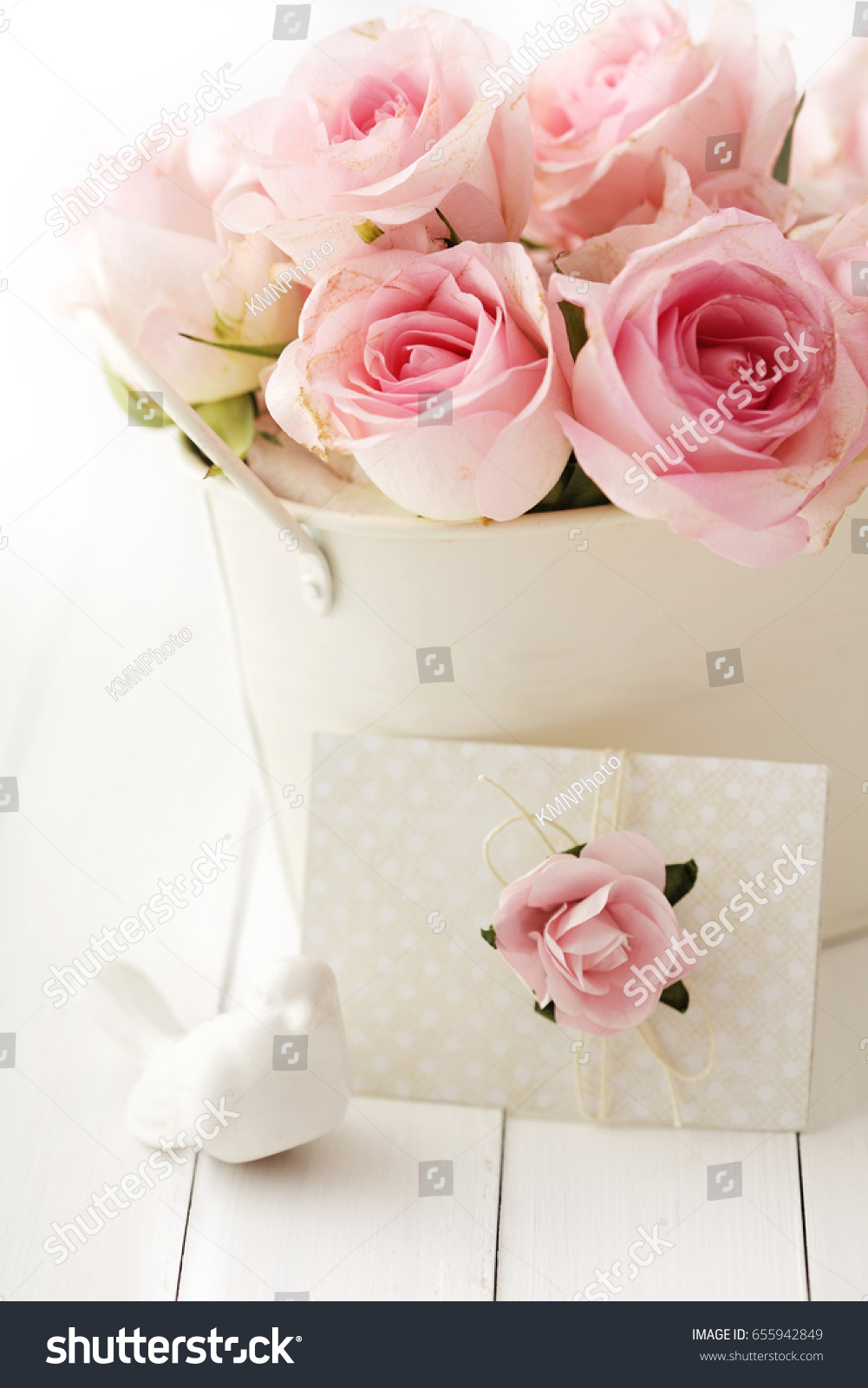 Pink Rose Flowers Vase Love Letter Stock Photo Edit Now 655942849
