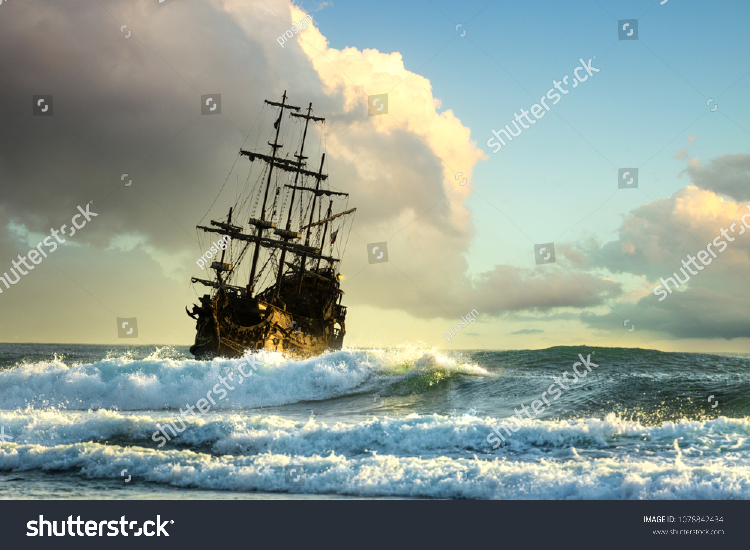 Pirate Ship Open Sea Sunset Stock Photo Edit Now 1078842434