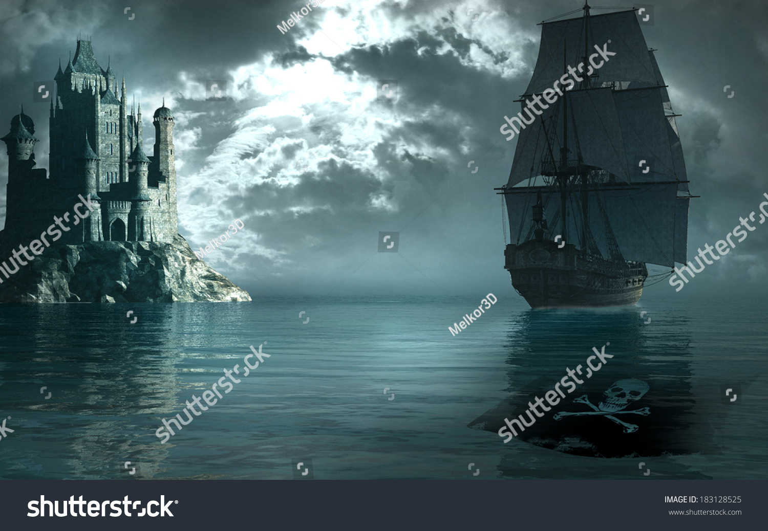 Pirate Ship Sailing Near Gothic Castle Stock Illustration 183128525