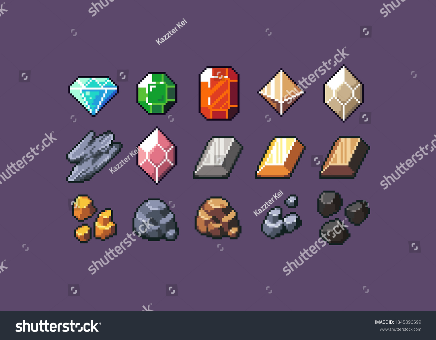 Pixel Art Icons Containing Ores Minerals Stock Illustration