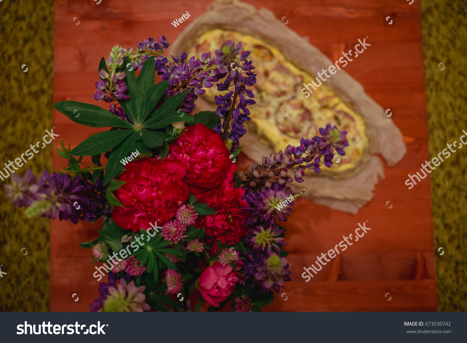 Pizza Bouquet Flowers Lupine Peony Stock Photo Edit Now 673530742