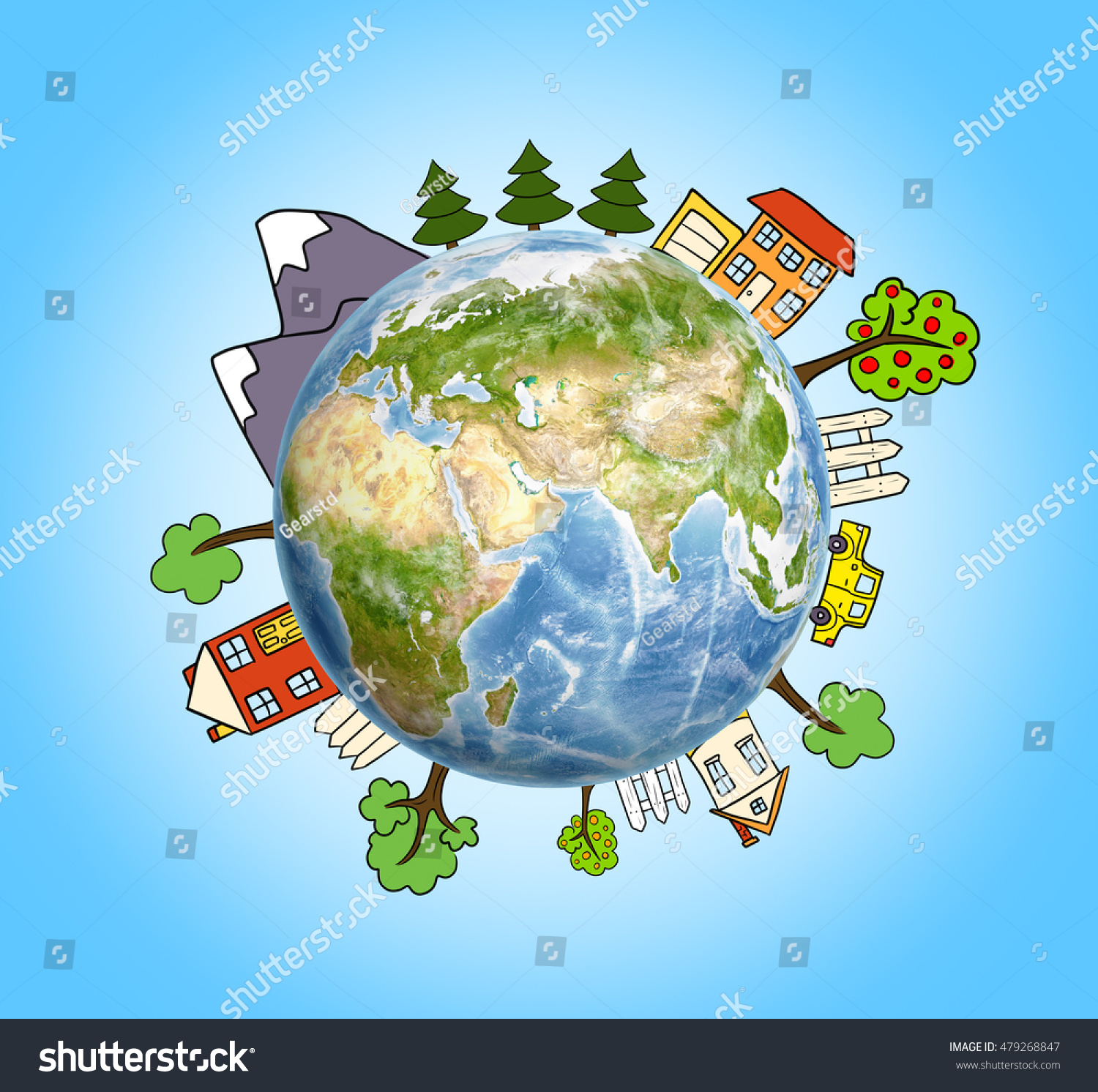 Planet Earth Drawn Mountains Trees House Stock Illustration 479268847