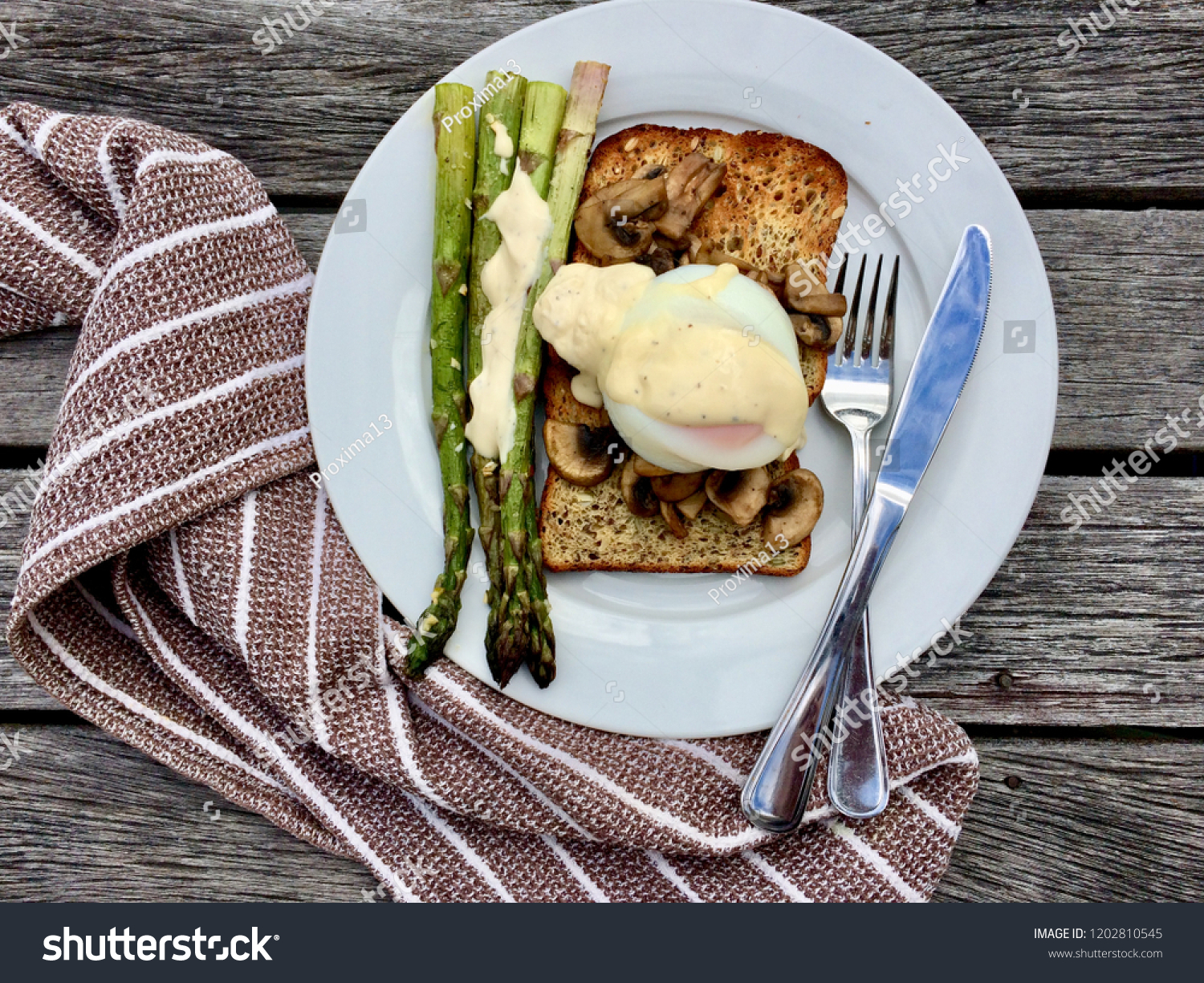 Poached Egg Mushrooms Grilled Asparagus Hollandaise Food And Drink Stock Image 1202810545