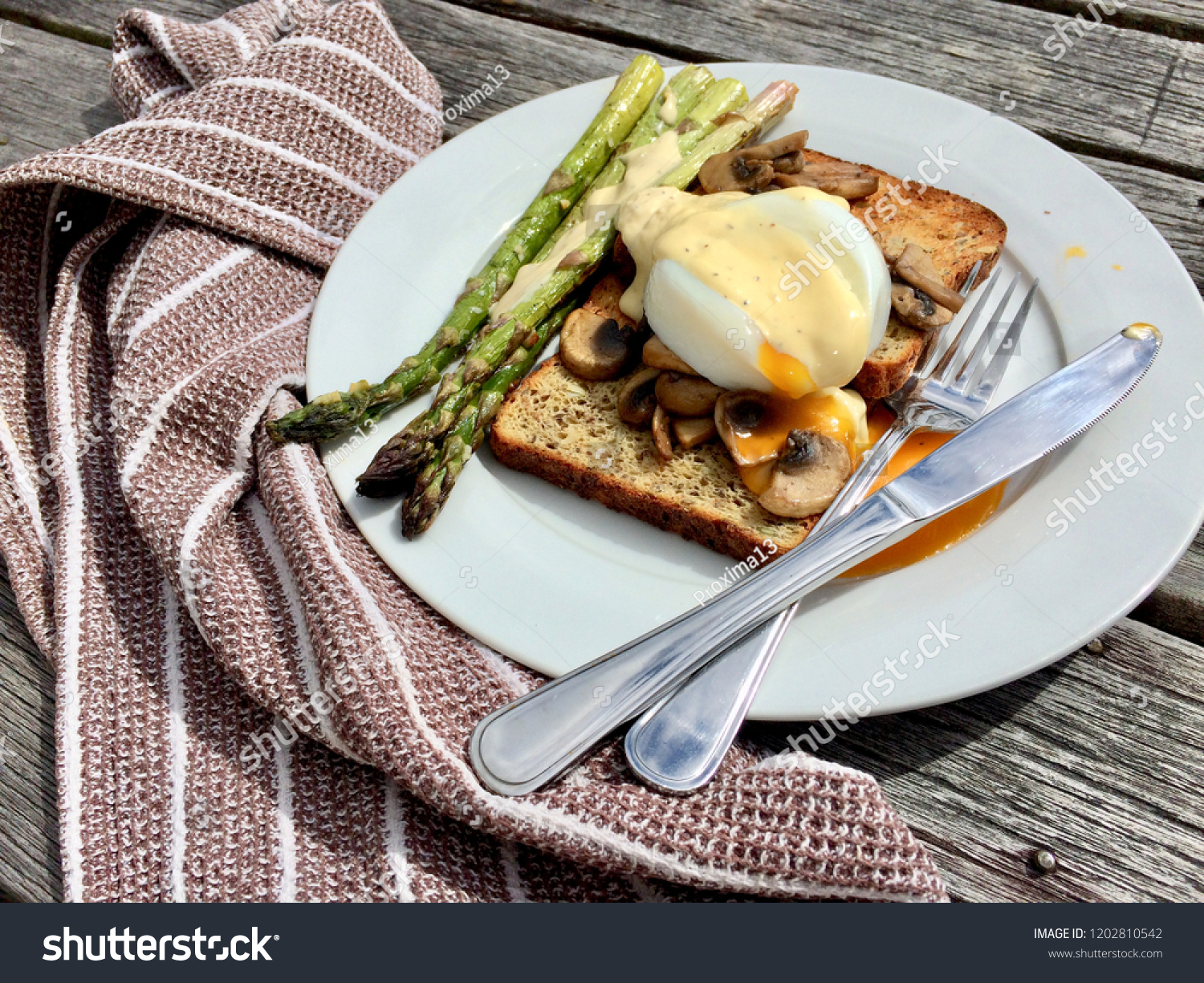 Poached Egg Mushrooms Grilled Asparagus Hollandaise Stock Photo Edit Now 1202810542