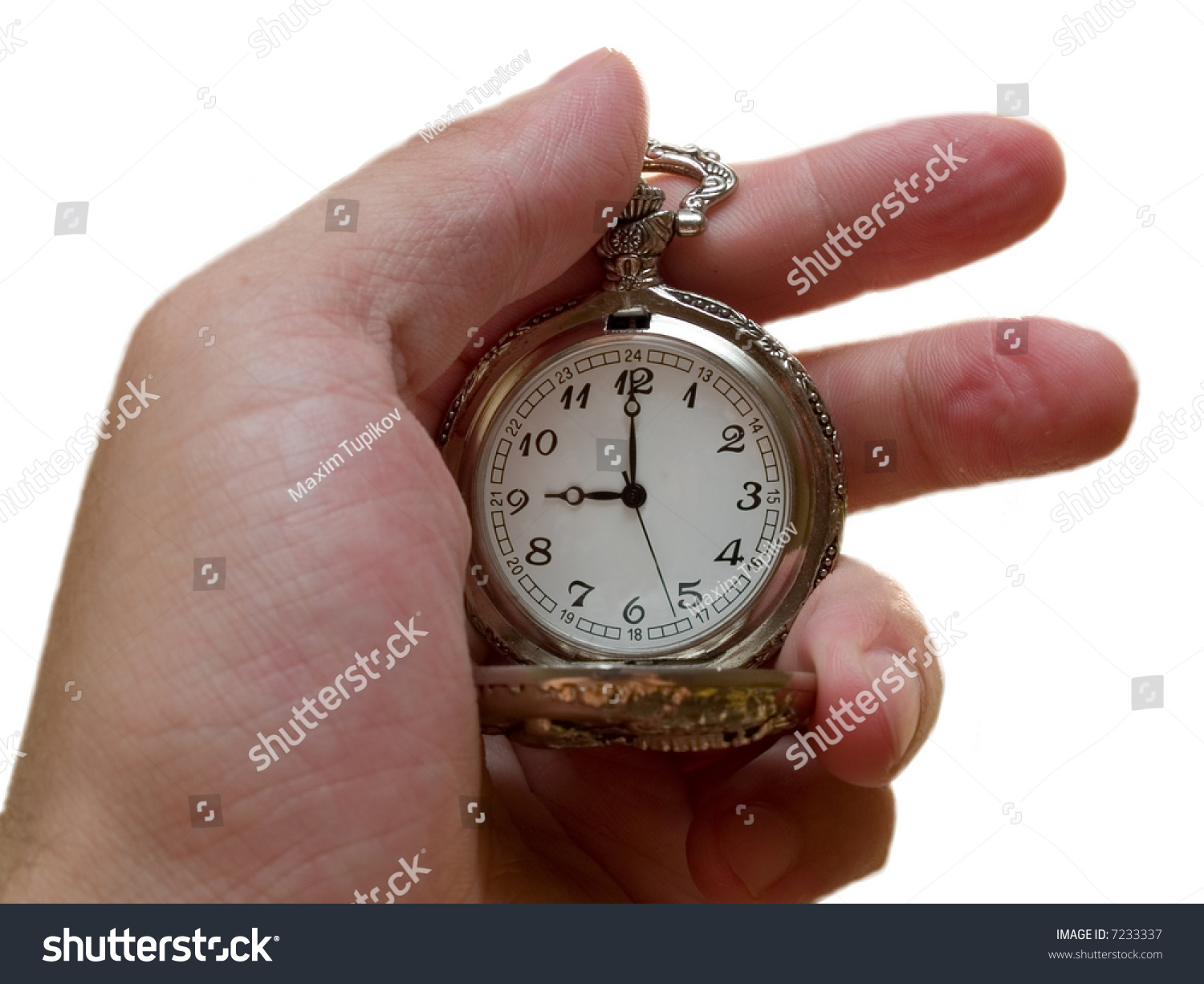 Pocket Watch In The Arm. Time Concept. Nine O'Clock. Stock Photo ...