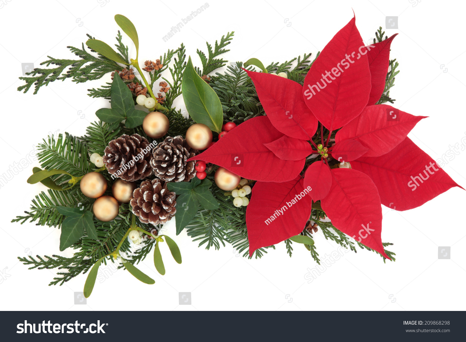 Poinsettia Flower Arrangement With Gold Bauble Decorations And Winter ...