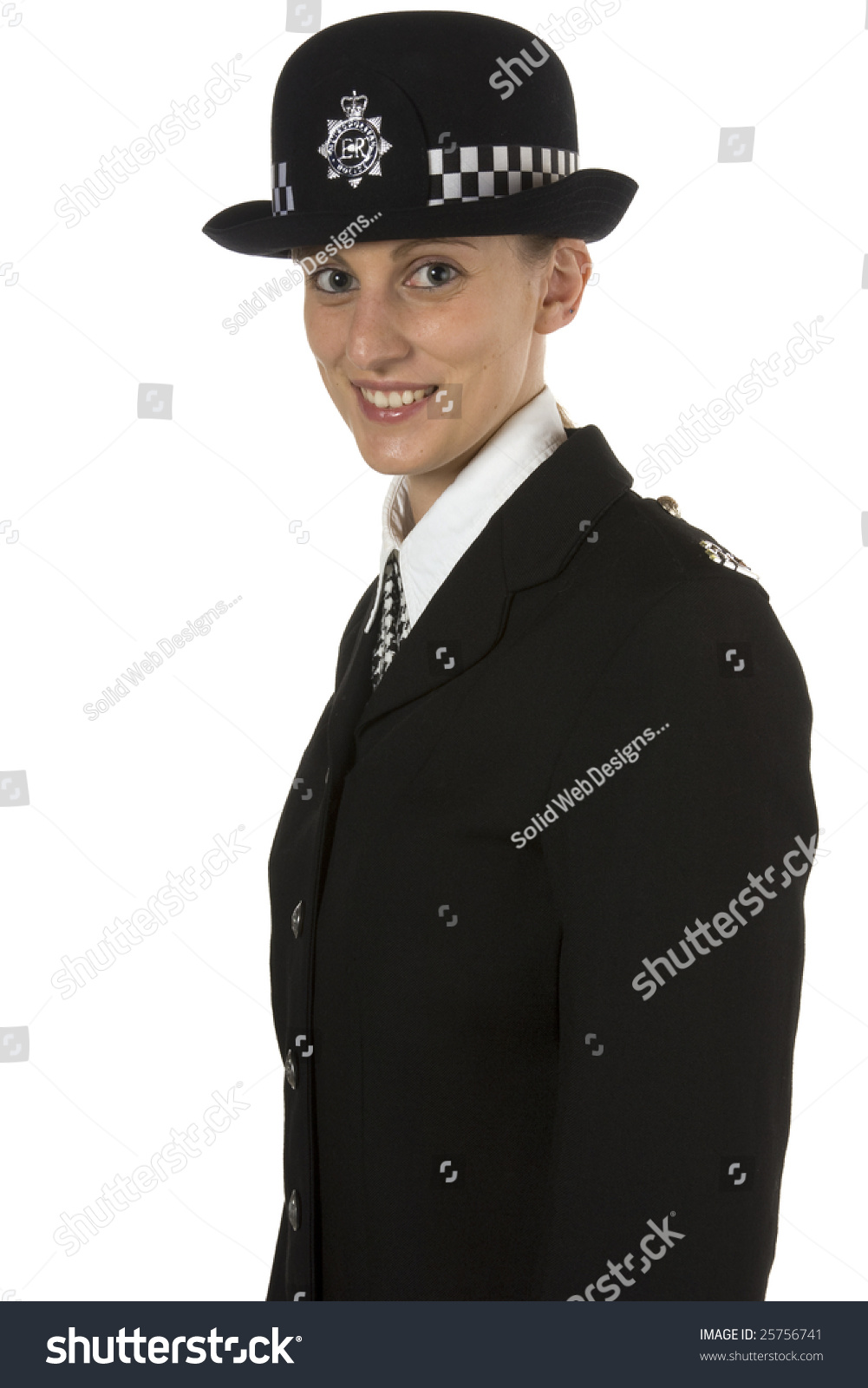 Police Woman Looking To Side Smiling Isolated On White Stock Photo ...