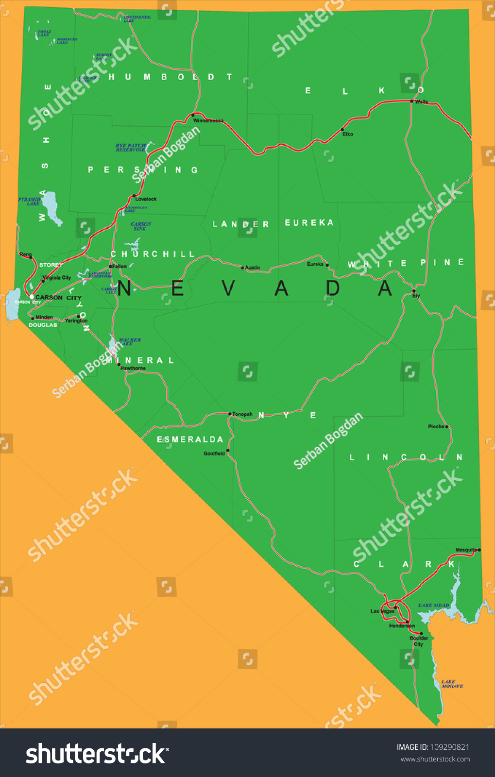 Political Map Nevada State ภาพประกอบสต็อก 109290821 Shutterstock