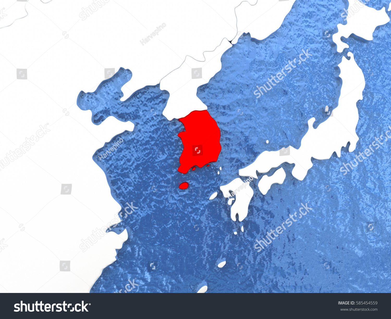 Political Map South Korea Red 3d Stock Illustration 585454559 Stock Photo Political Map South Korea In Red D Illustration With Watery Blue Oceans And Metallic Landmasses 585454559