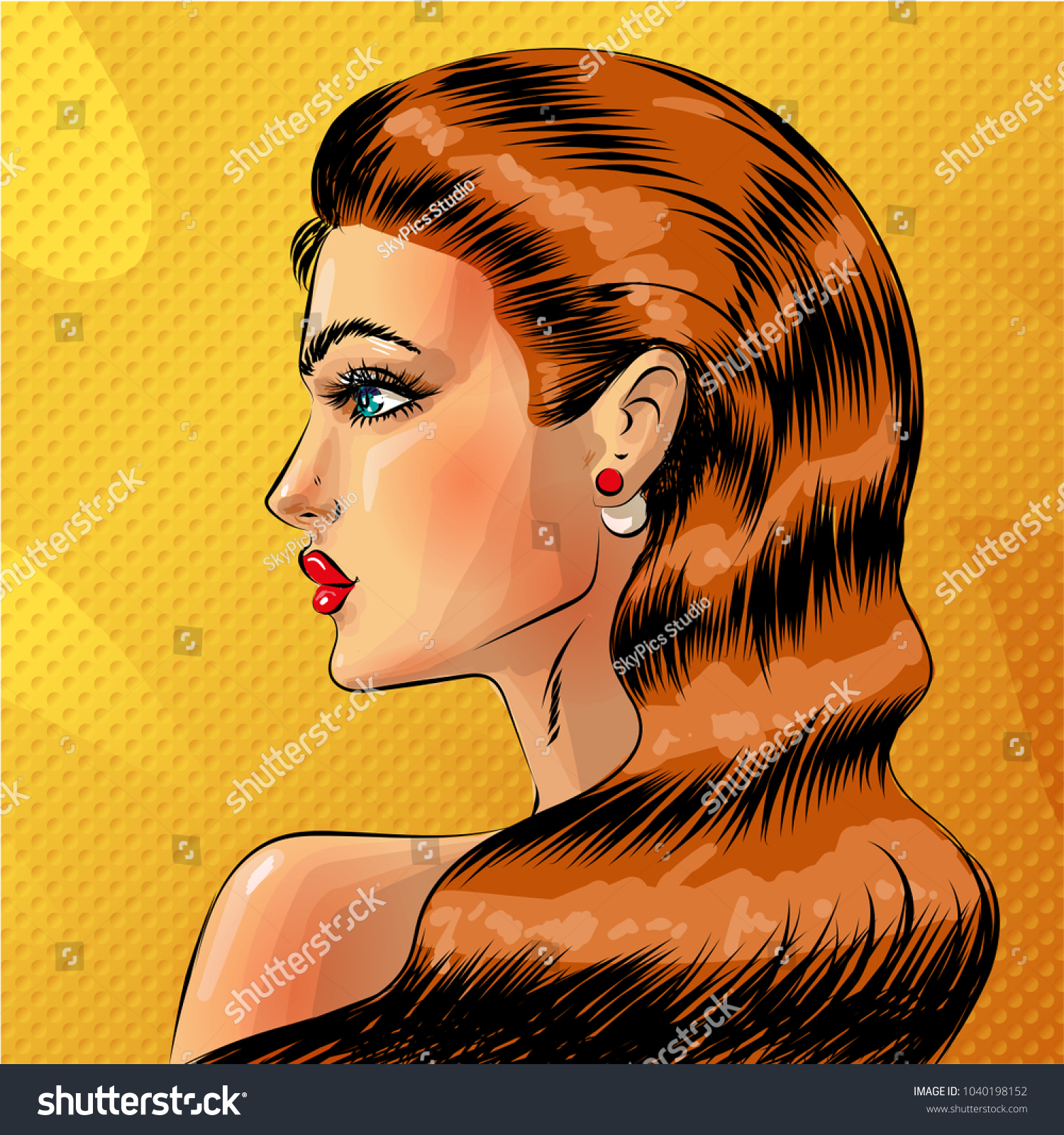 Pop art beautiful woman side view portrait redheaded sexy pin up girl in comic