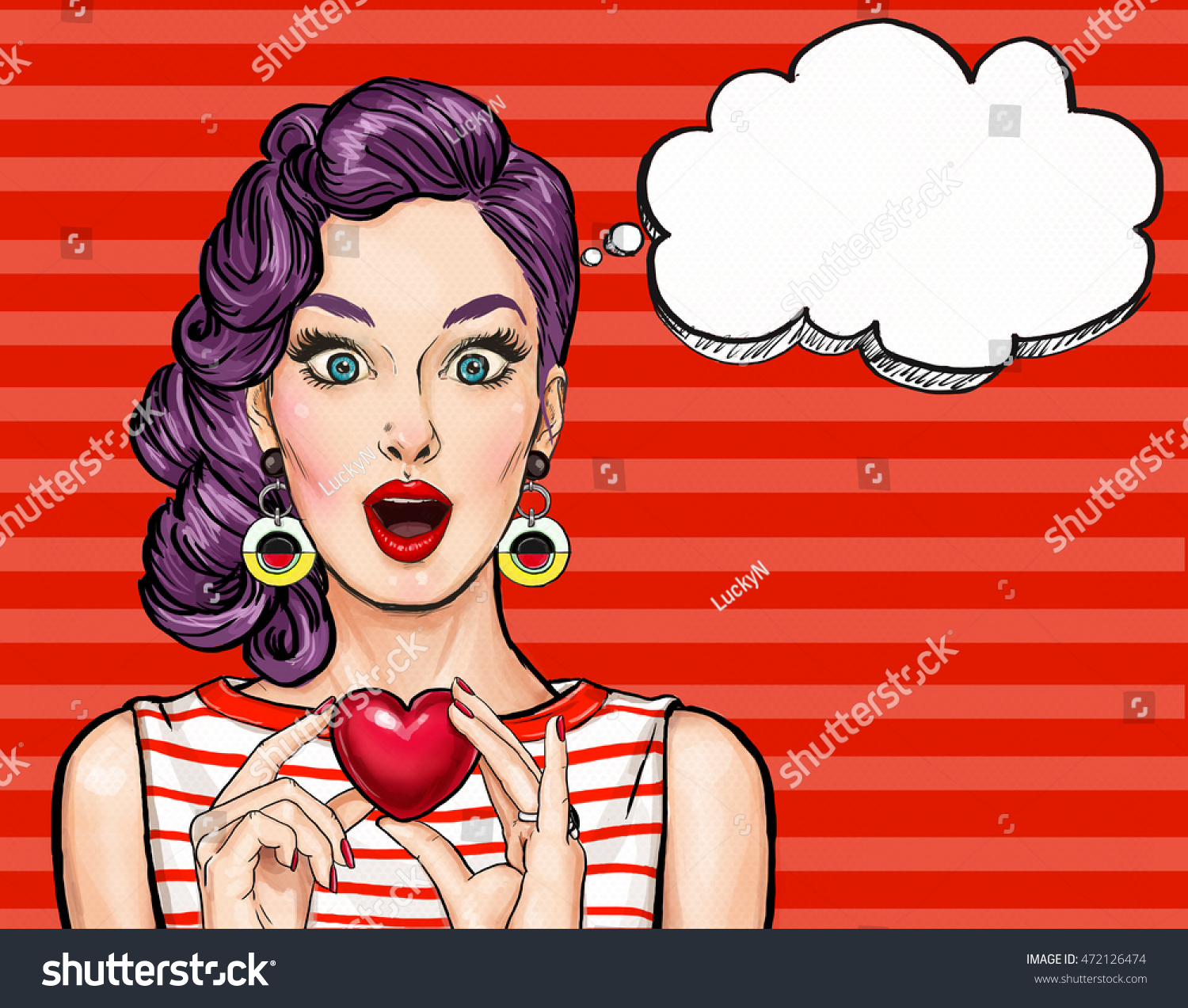 Pop Art Woman Hold Heart Thought Stock Illustration