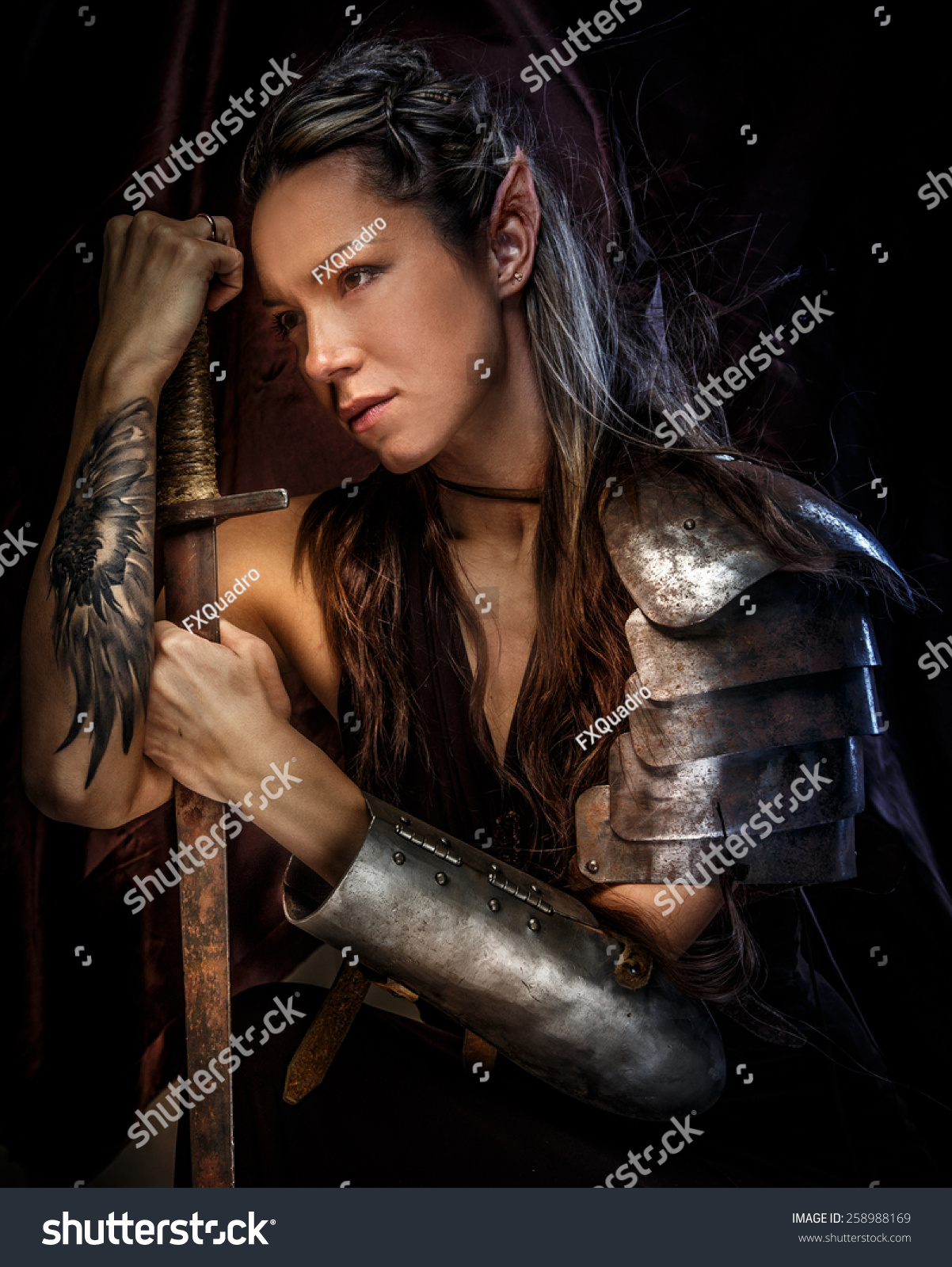 Portrai Of Mystic Elf Woman With Sword, Armor And Tattoo On Her Hand ...