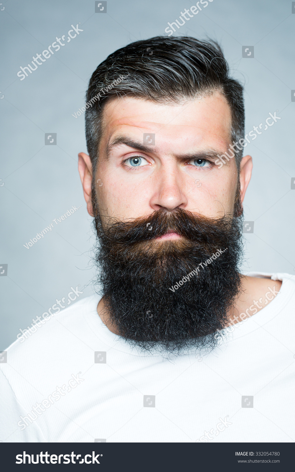 Portrait Closeup Of One Handsome Sensual Grey Haired Unshaven Man With Long Beard Moustache And 0282