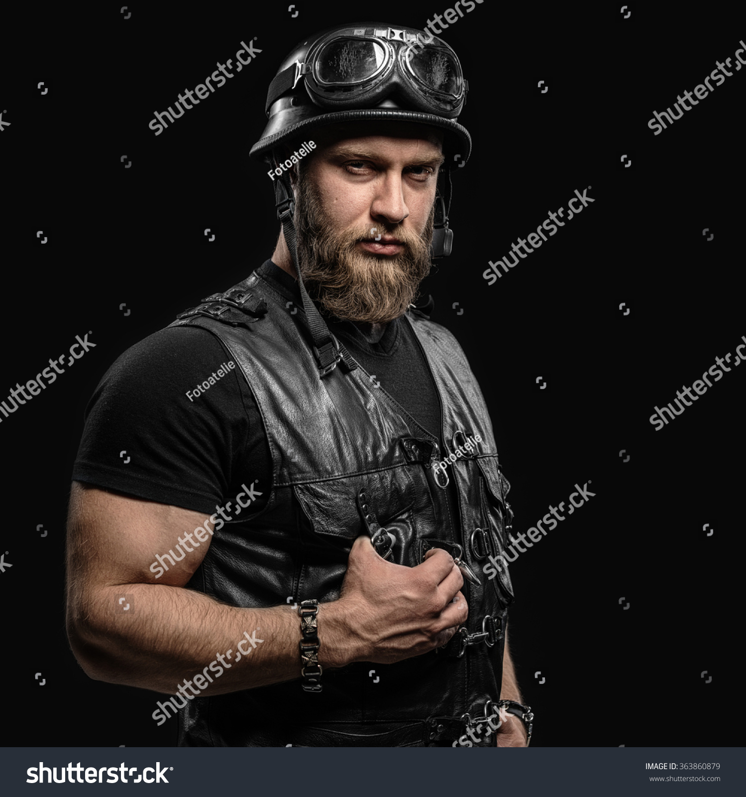 Portrait Handsome Bearded Biker Man In Leather Jacket And Helmet Over ...