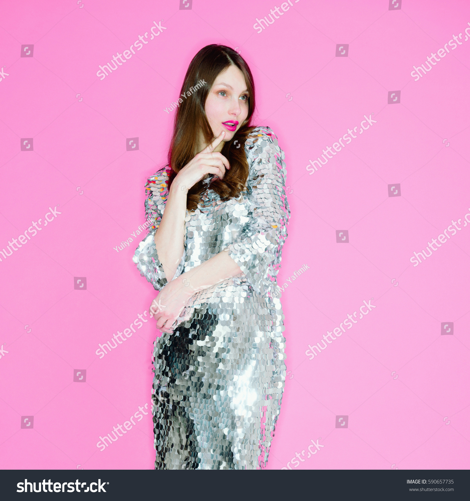 Portrait Beautiful Girl On Pink Background Stock Photo 590657735