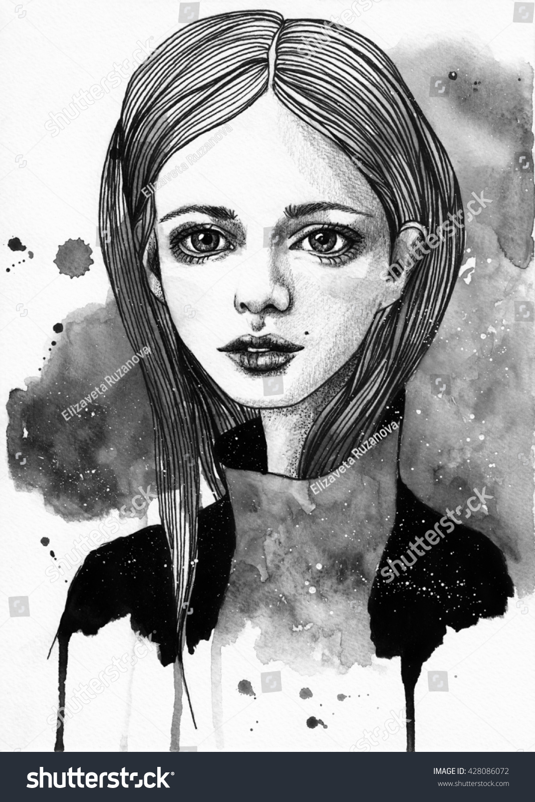 Portrait of a beautiful girl sketch fashion black and white illustration on watercolor cosmic