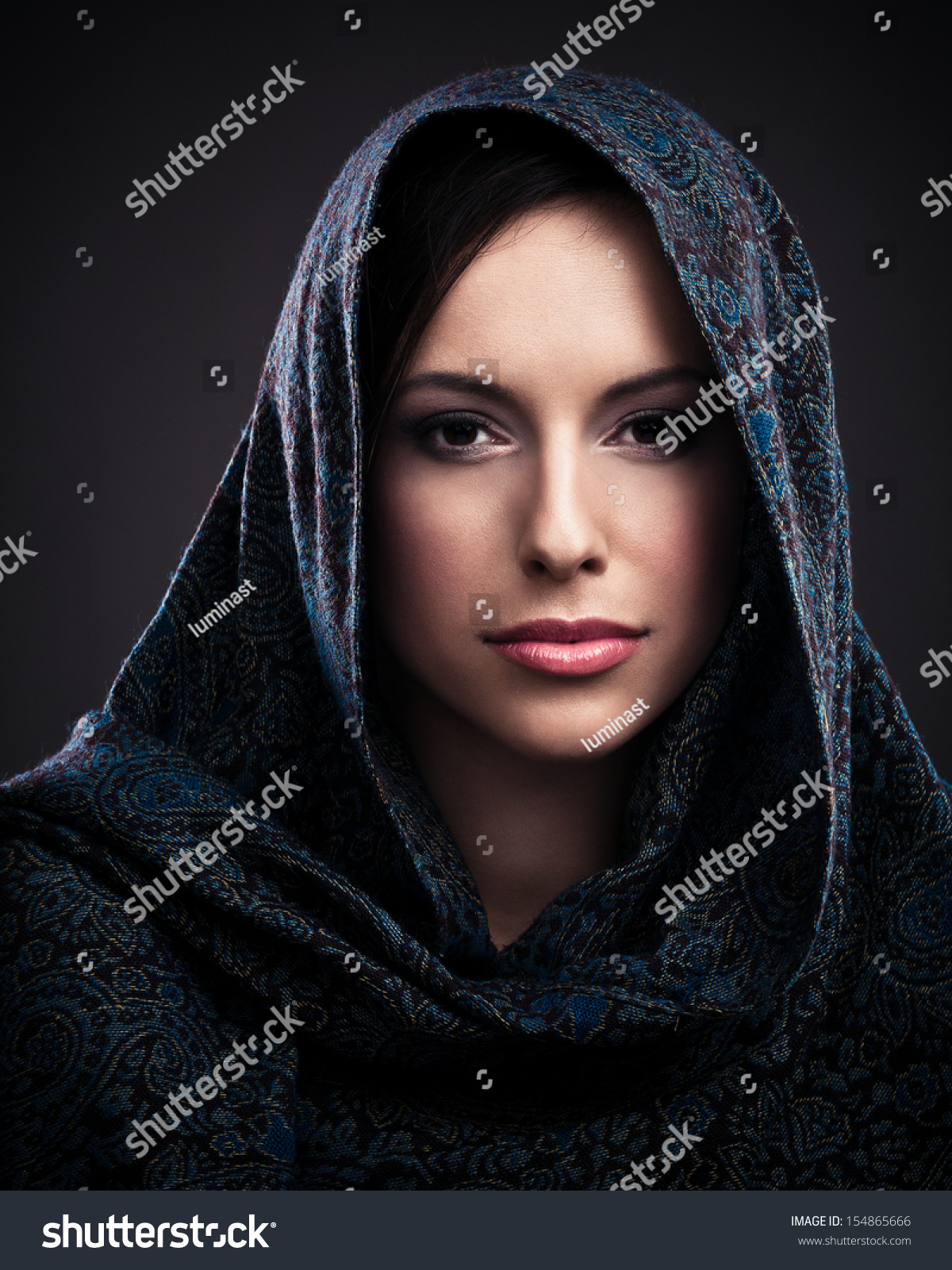 Portrait Of A Beautiful Mysterious Woman Wearing A Headscarf. Stock ...