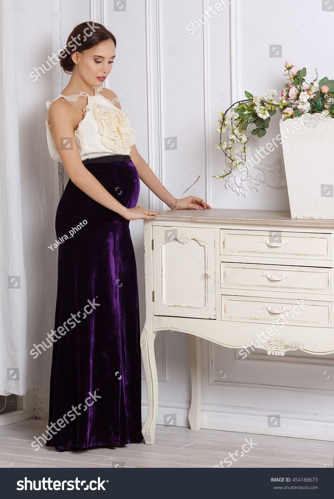 Portrait Beautiful Pregnant Woman Dress Professional Stockfoto