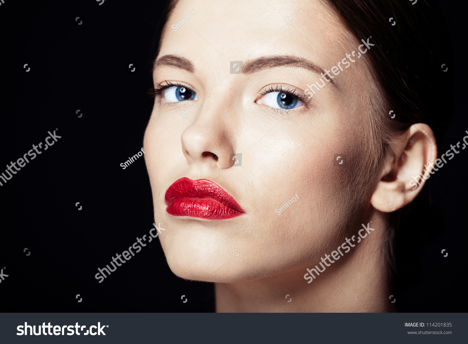 Portrait Of A Beautiful Sexy Brunette Girl With Red Lips Stock Photo ...