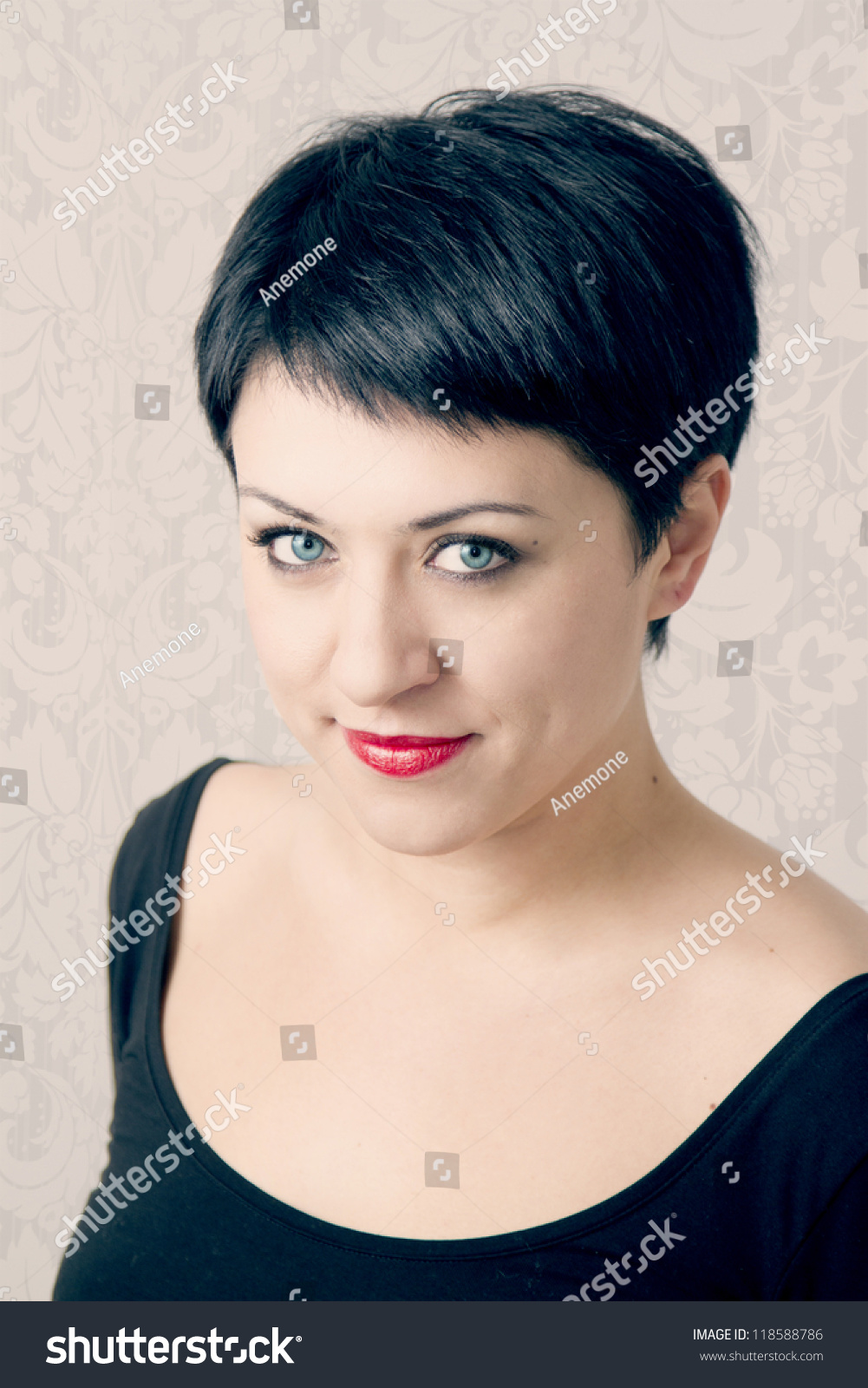 Portrait Beautiful Woman Short Hair Blue Stock Photo Edit Now 118588786