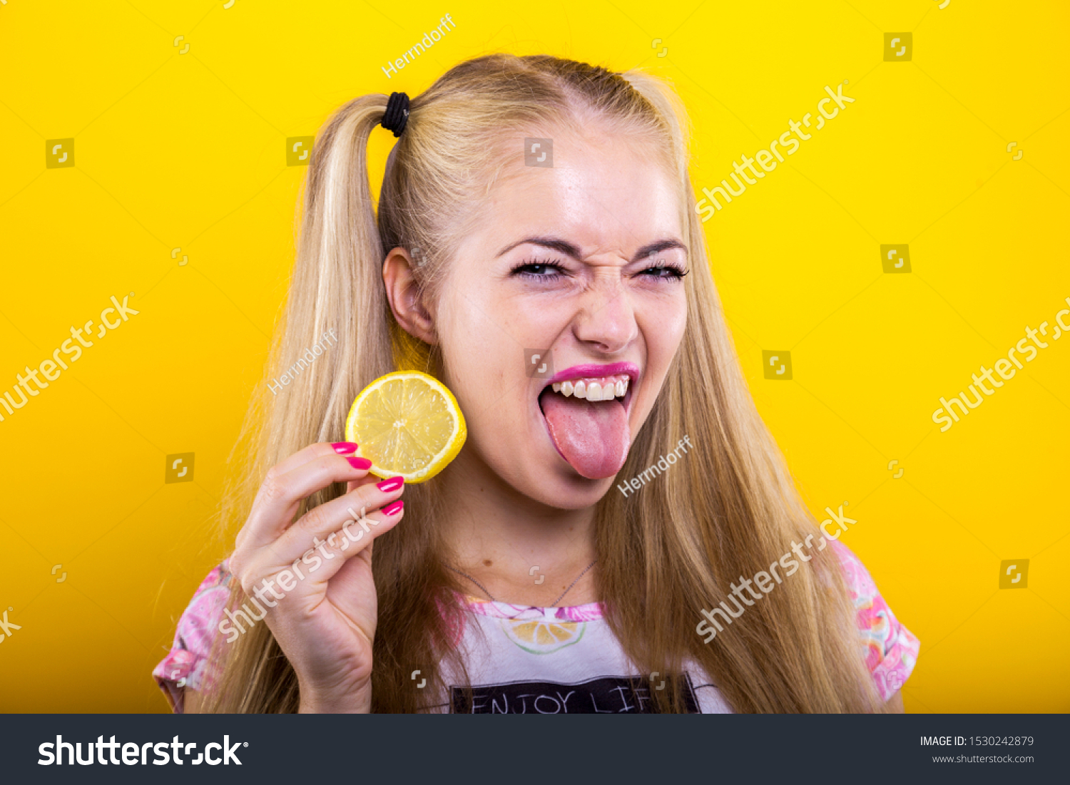 Portrait Blond Woman Lemon Hand Making Stock Photo Edit Now