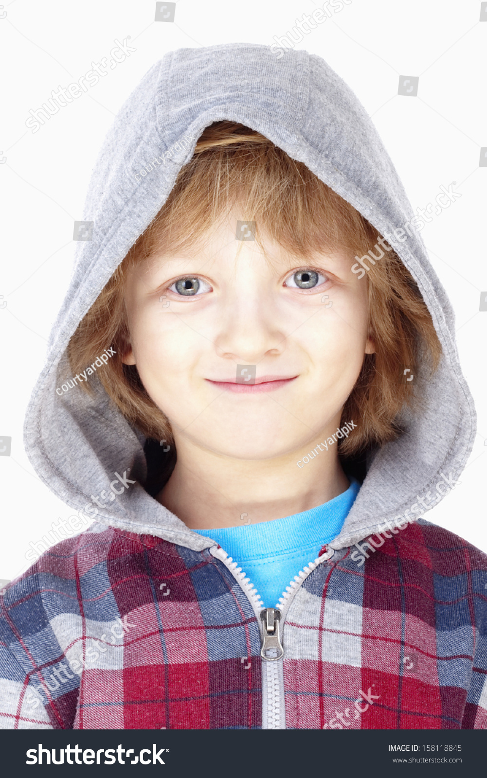 Portrait Of A Boy With Blond Hair And Hood - Isolated On White Stock ...