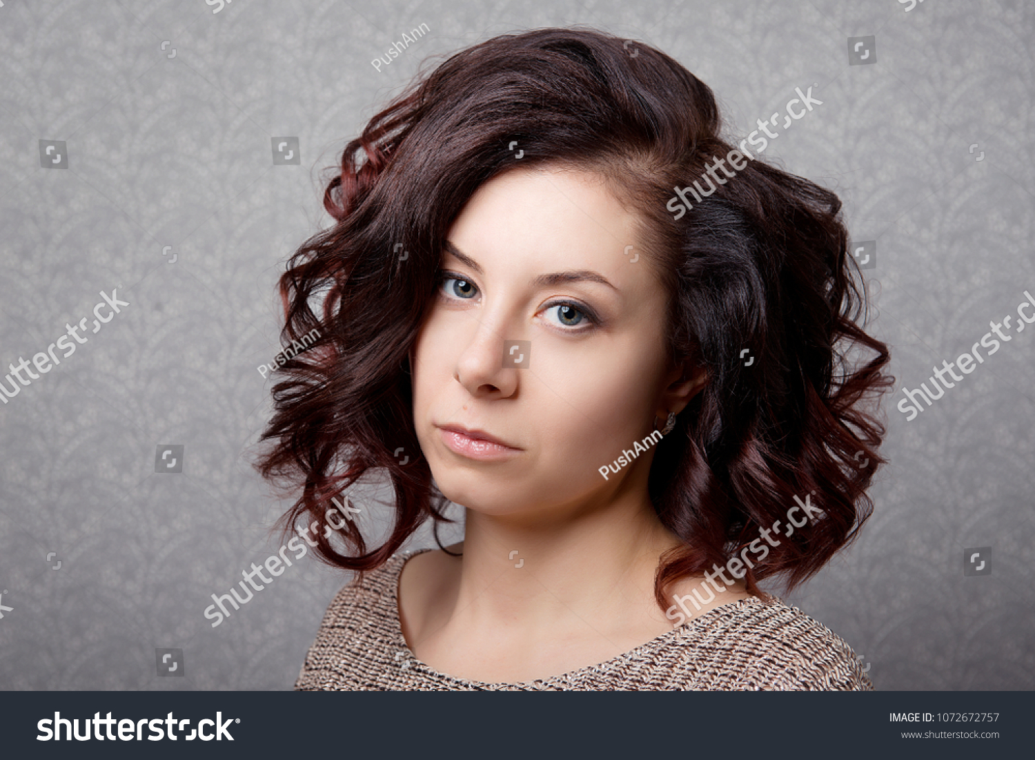 Portrait Brownhaired Woman Stylish Bob Cut Stock Photo Edit Now