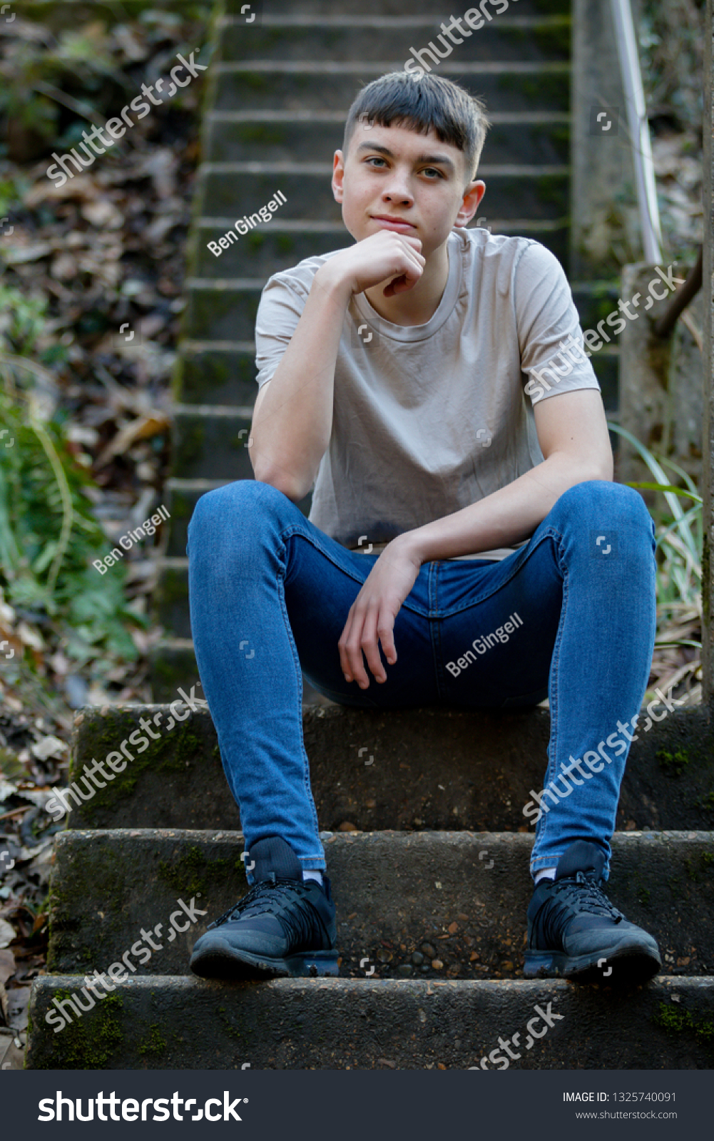 Portrait Caucasian Teenage Boy Sitting Outside Stock Photo (Edit Now ...