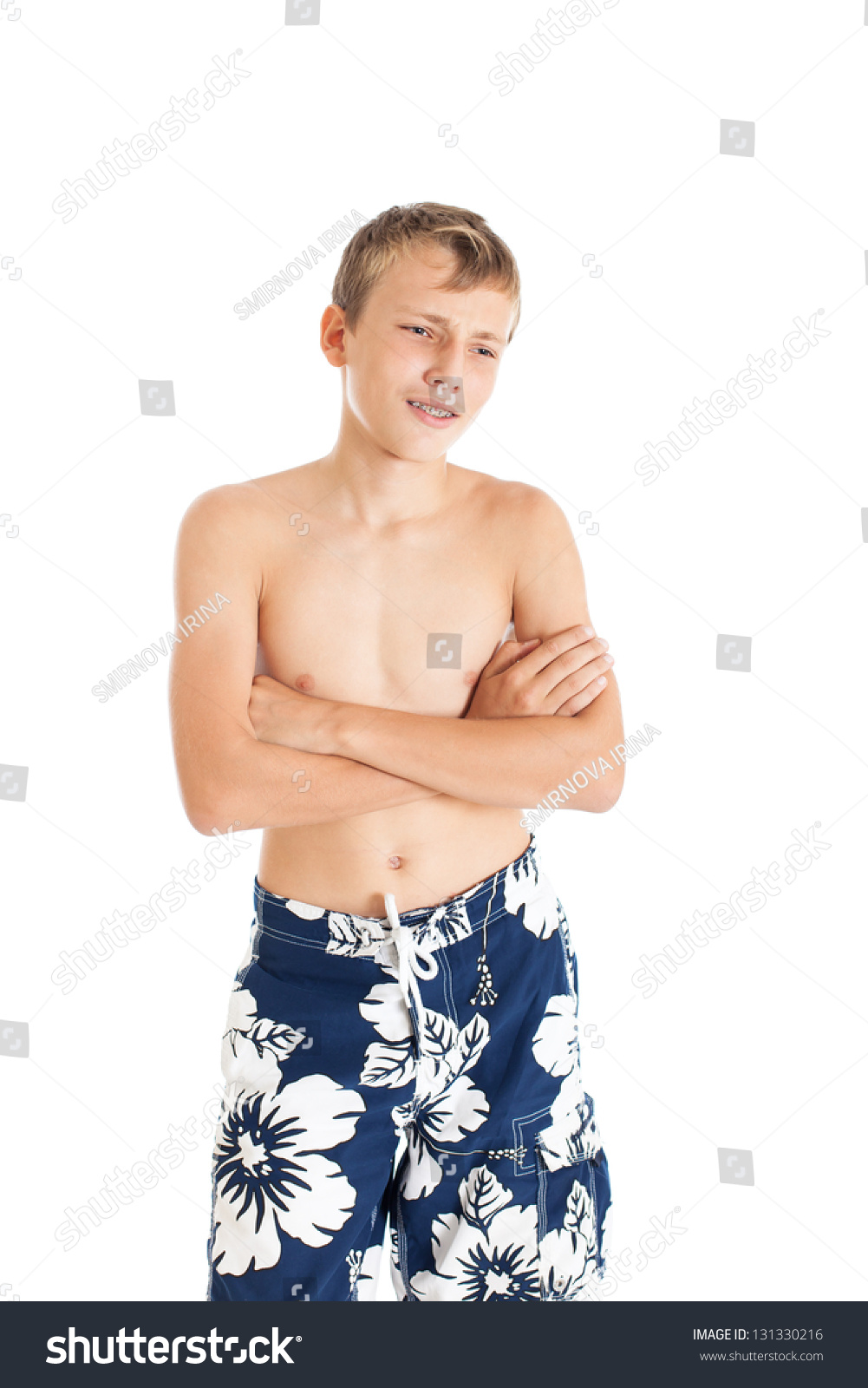 Portrait Of A Cute European Teen Boys Wearing Swimming Shorts. The Boy ...