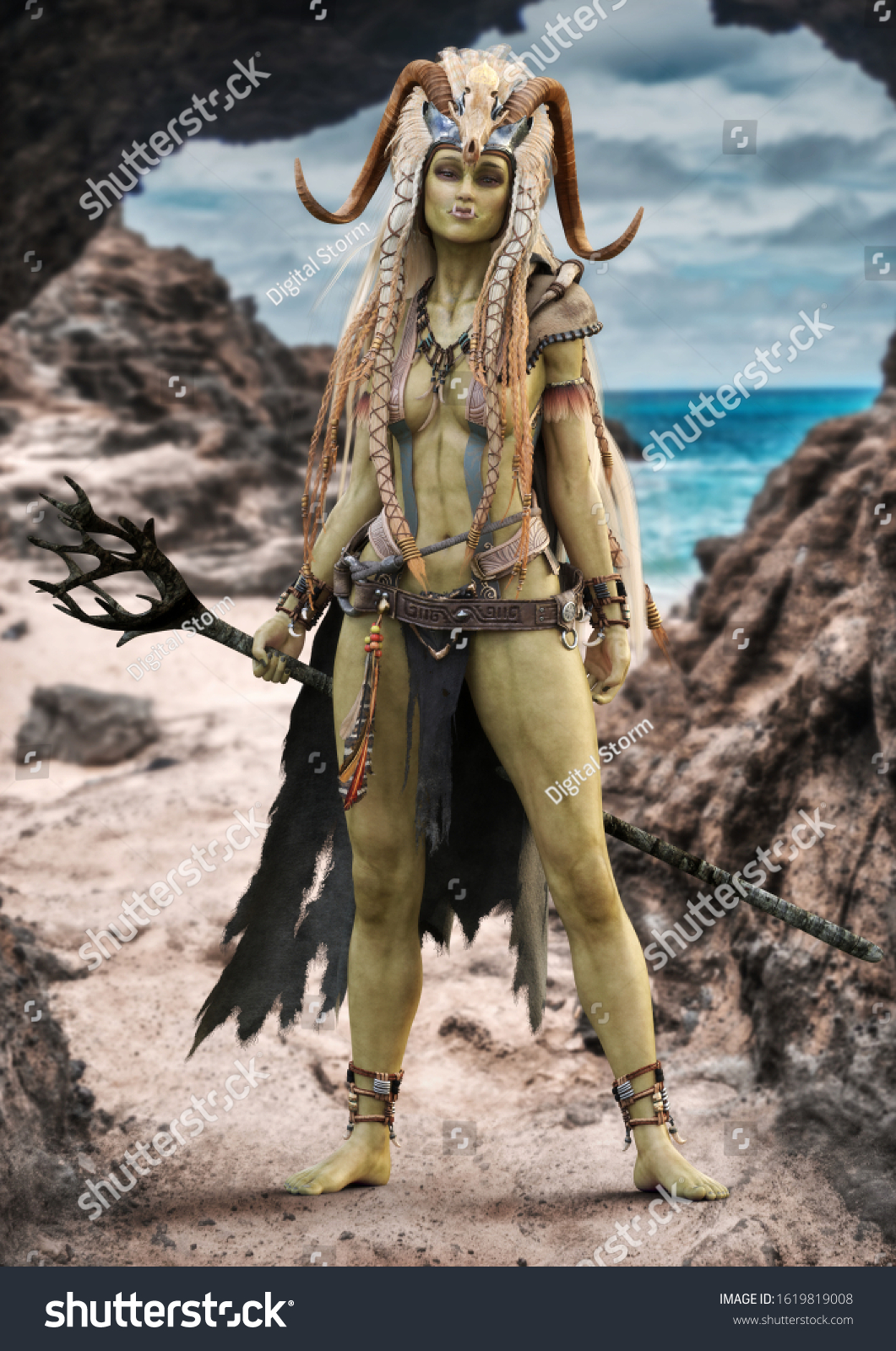 Portrait Of A Fantasy Female Orc Shaman Standing At The Entrance To Her Cave With Staff