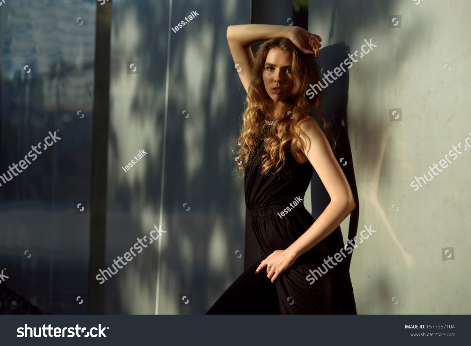 Portrait Girl Posing Next Wall Black Stock Photo Edit Now