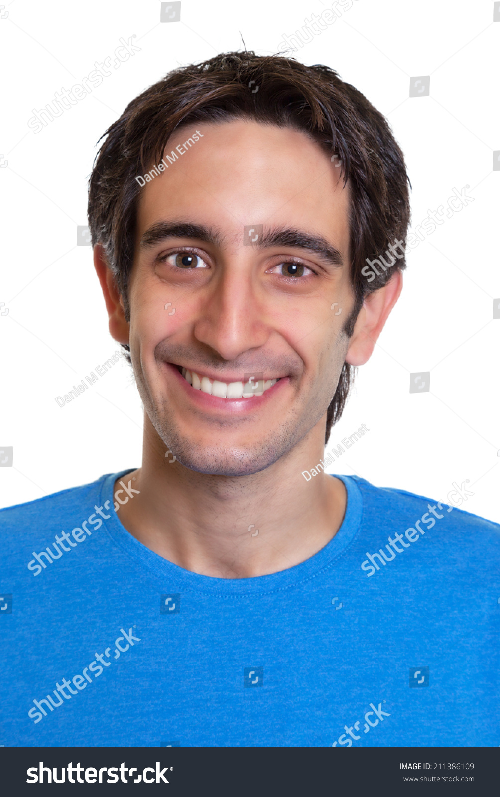 Portrait Laughing Spanish Guy Blue Shirt Stock Photo Edit Now