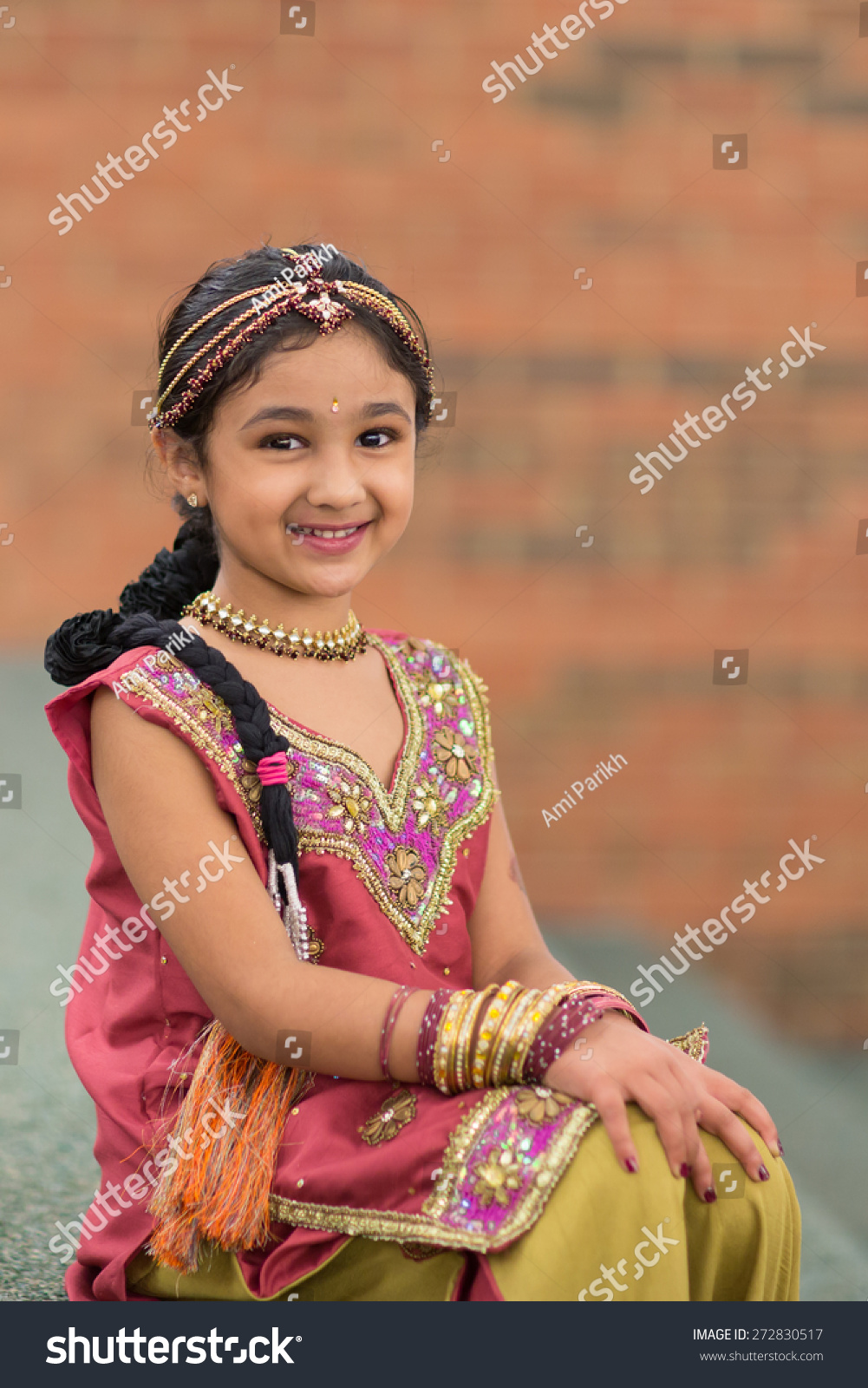 Portrait Of A Little Girl In Traditional Indian Costume Stock Photo ...