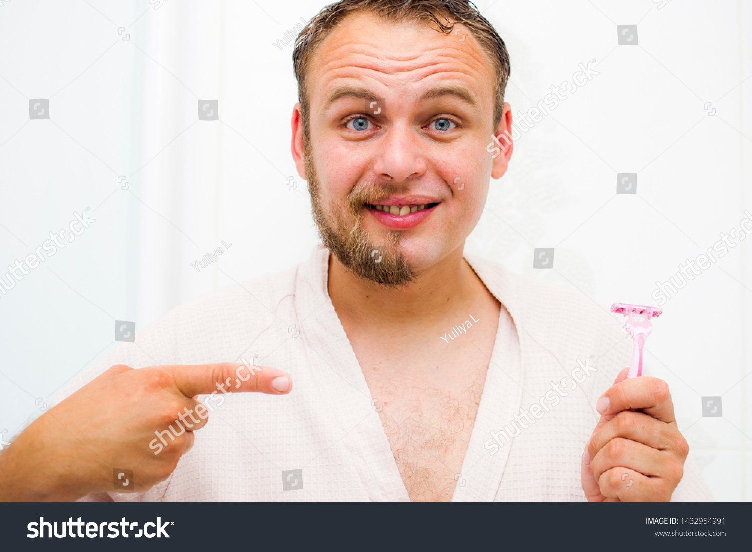 Portrait Man Bathroom Razor One Hand Stock Photo Edit Now 1432954991