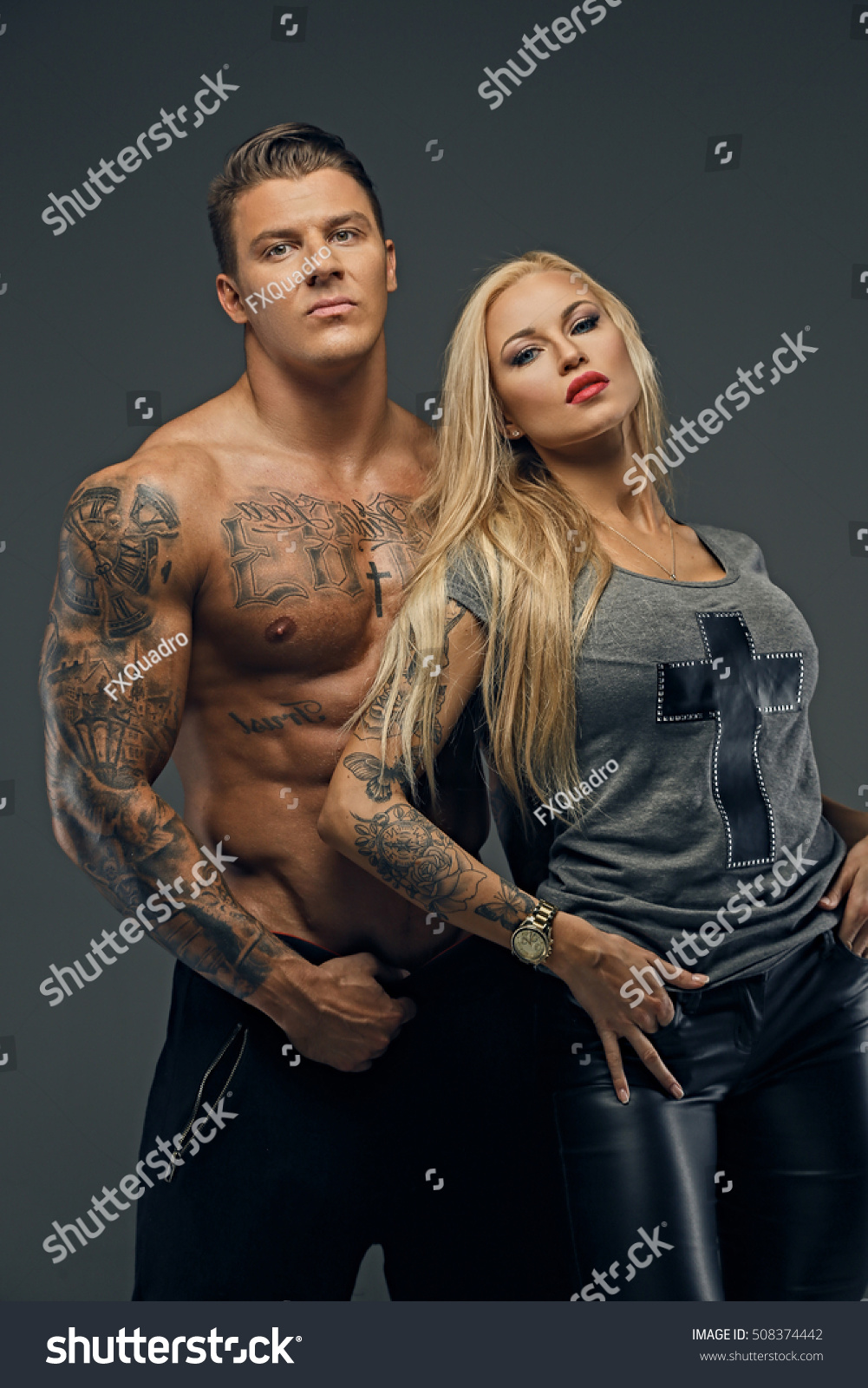 Portrait Modern Couple Shirtless Brutal Tattooed Stock 