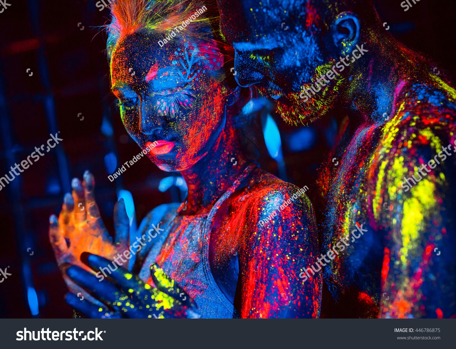 3 022 Couple Body Paint Images Stock Photos Vectors Shutterstock   Stock Photo Portrait Of A Pair Of Lovers Painted In Fluorescent Powder 446786875 