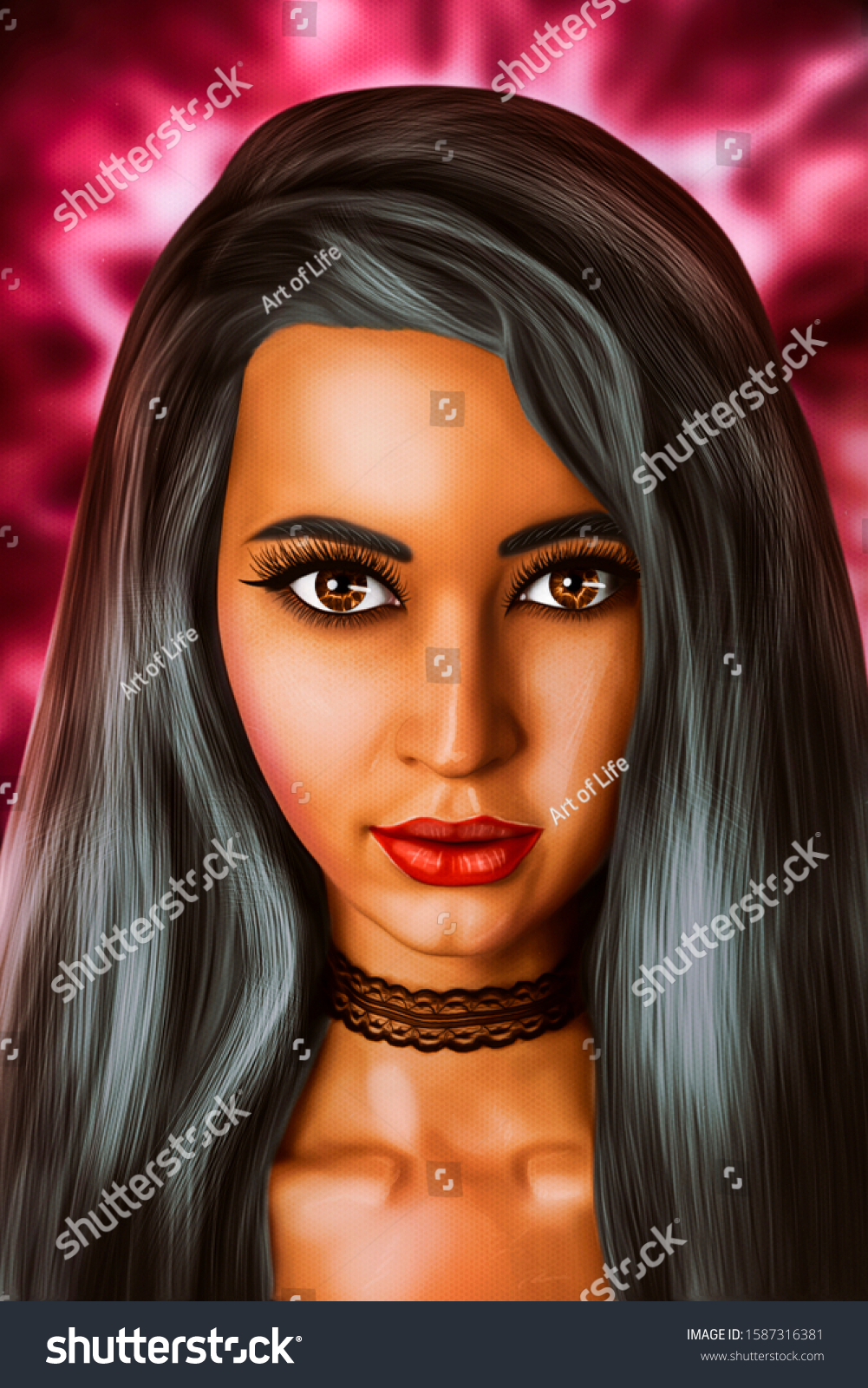 Portrait Sexy Darkskinned Girl Black Hair Stock Illustration 1587316381 6072