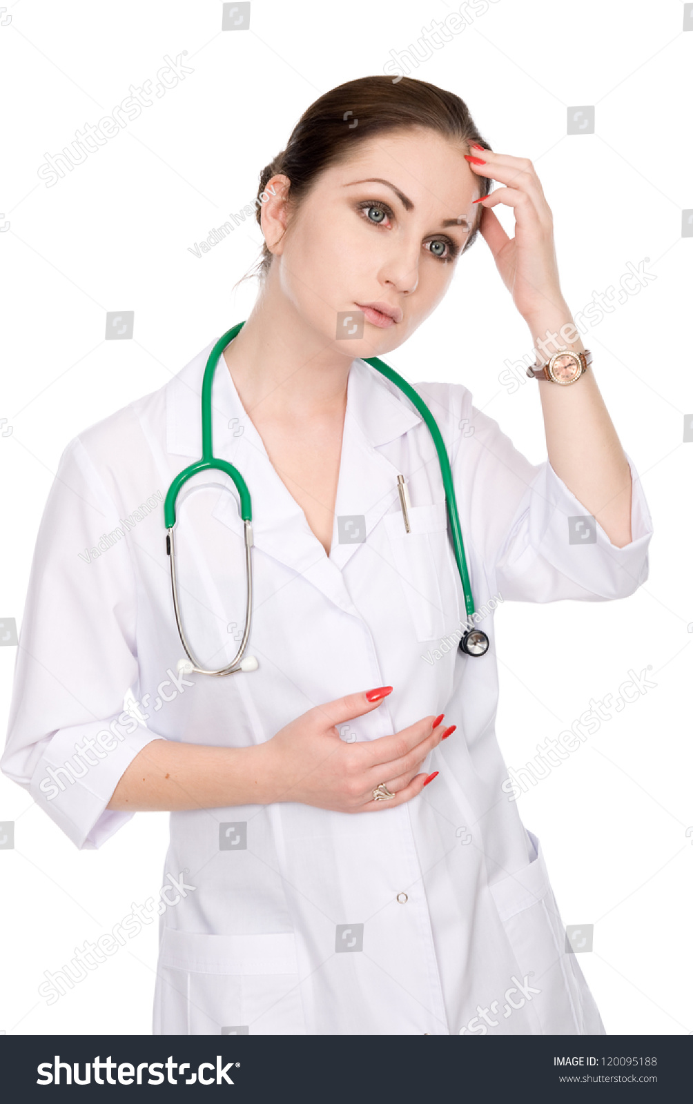 Portrait Of A Thoughtful Nurse With A Stethoscope.Isolated Over White ...