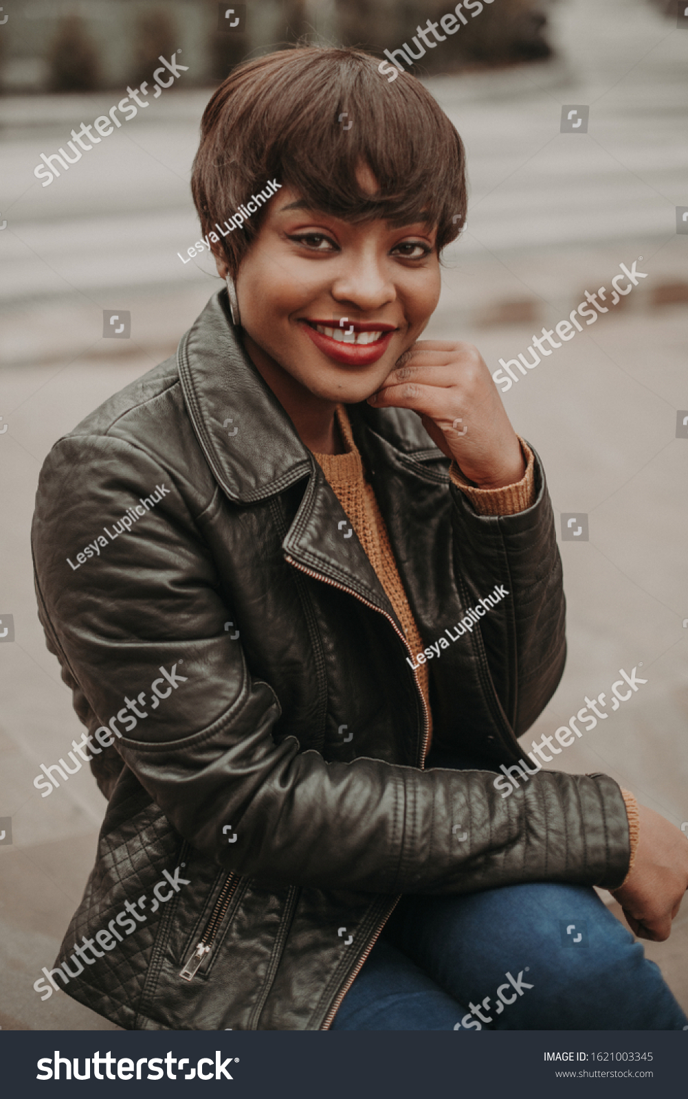 Portrait African Girl Sitting On Stairs Stock Photo 1621003345 ...