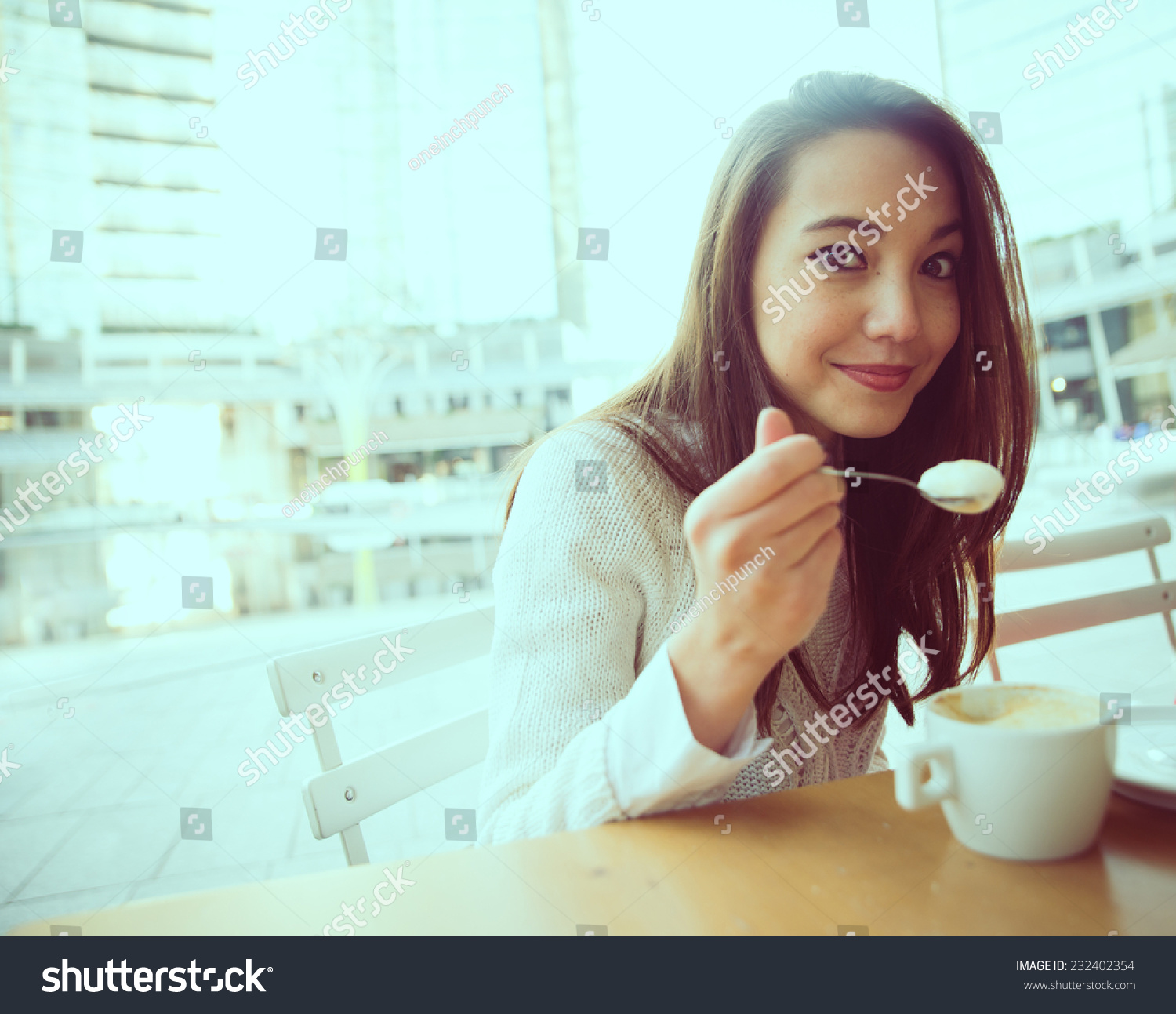 Portrait Of An Asian Girl Drinking Cappuccino In A Bar Stock Photo ...