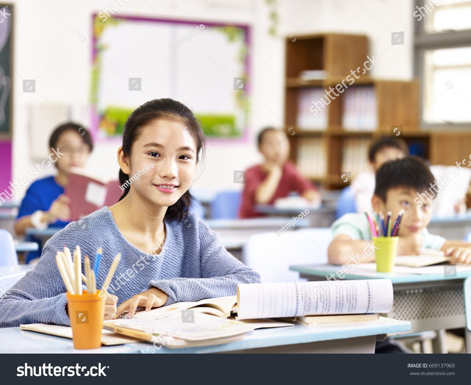 Portrait Asian Elementary Schoolgirl Sitting Classroom Stock Photo ...