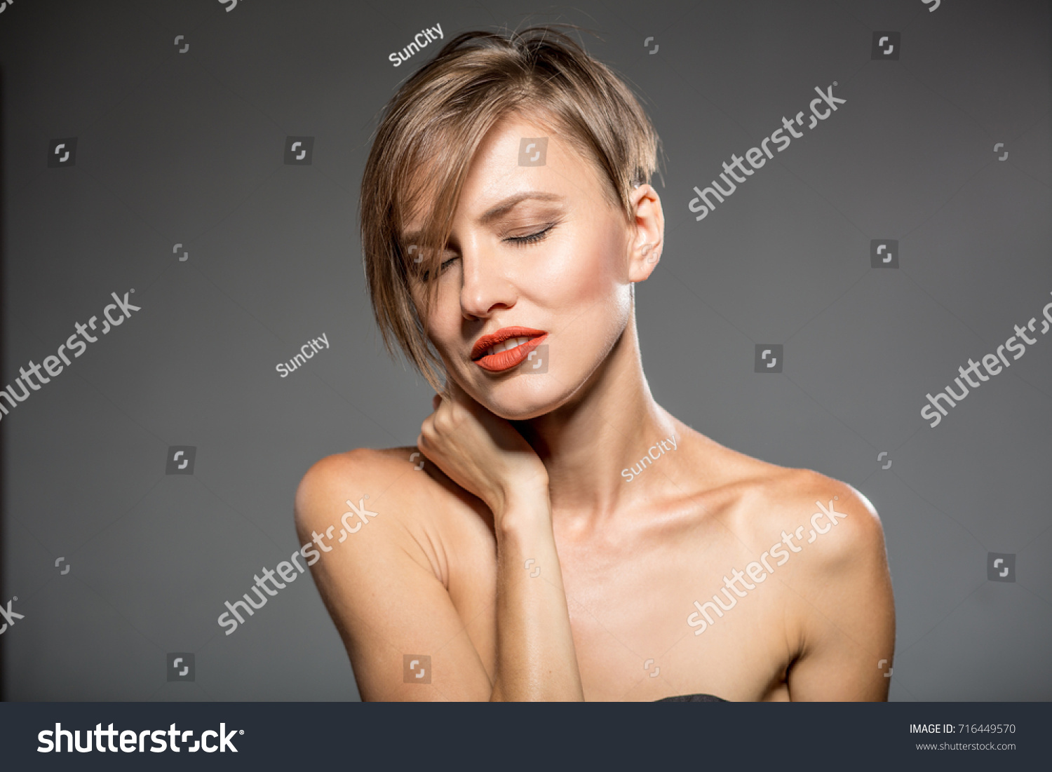 Portrait Beautiful Girl Red Lips Short Stock Photo Edit Now