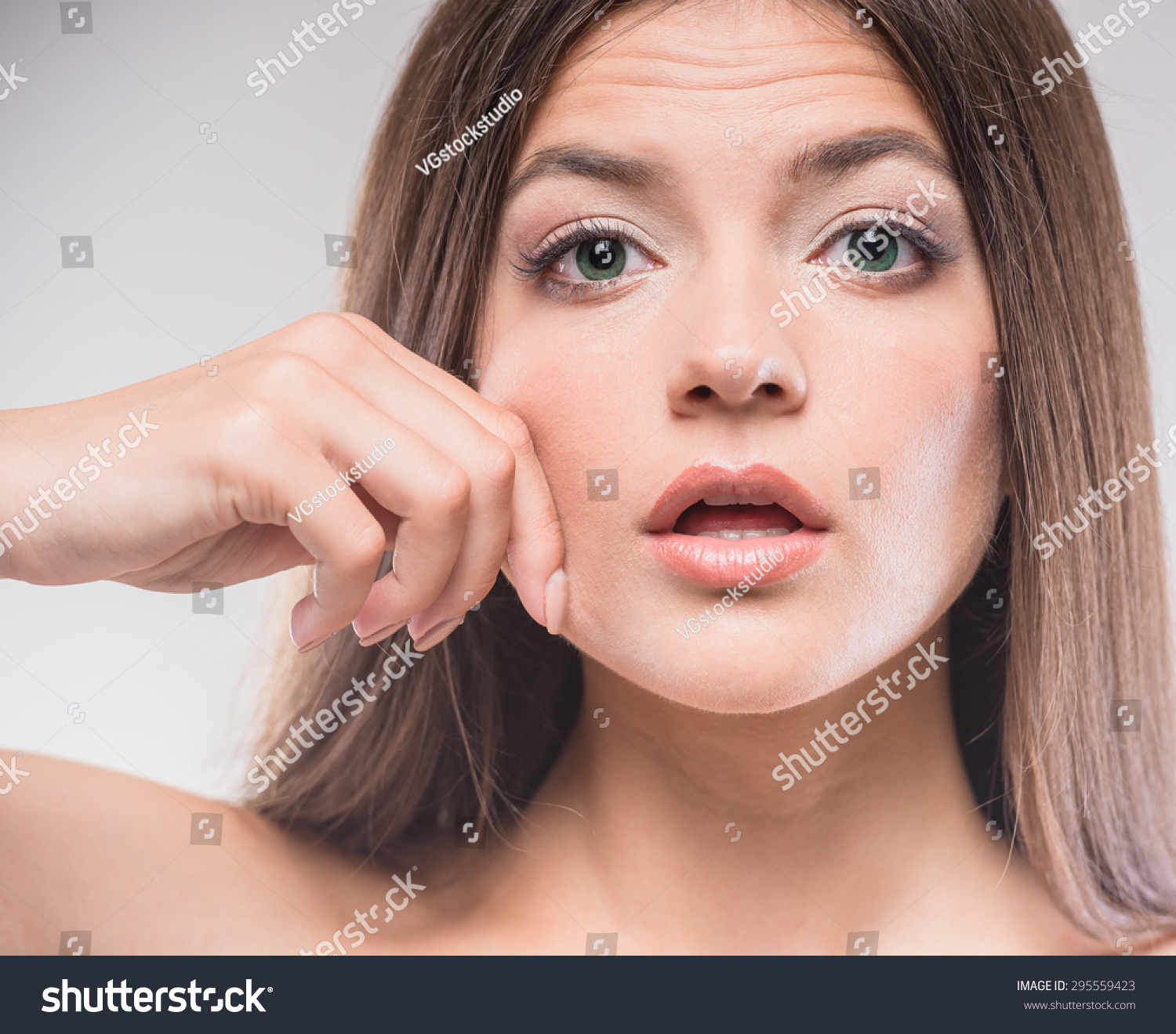 Portrait Beautiful Woman Pinching Skin On Stock Photo 295559423
