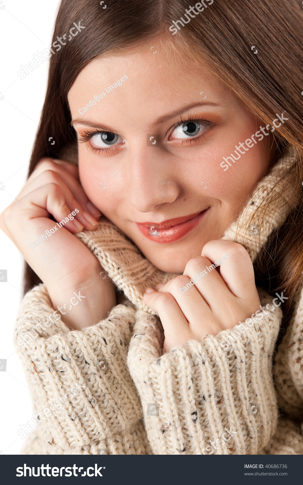 Portrait Of Beautiful Young Woman Wearing Turtleneck On White ...