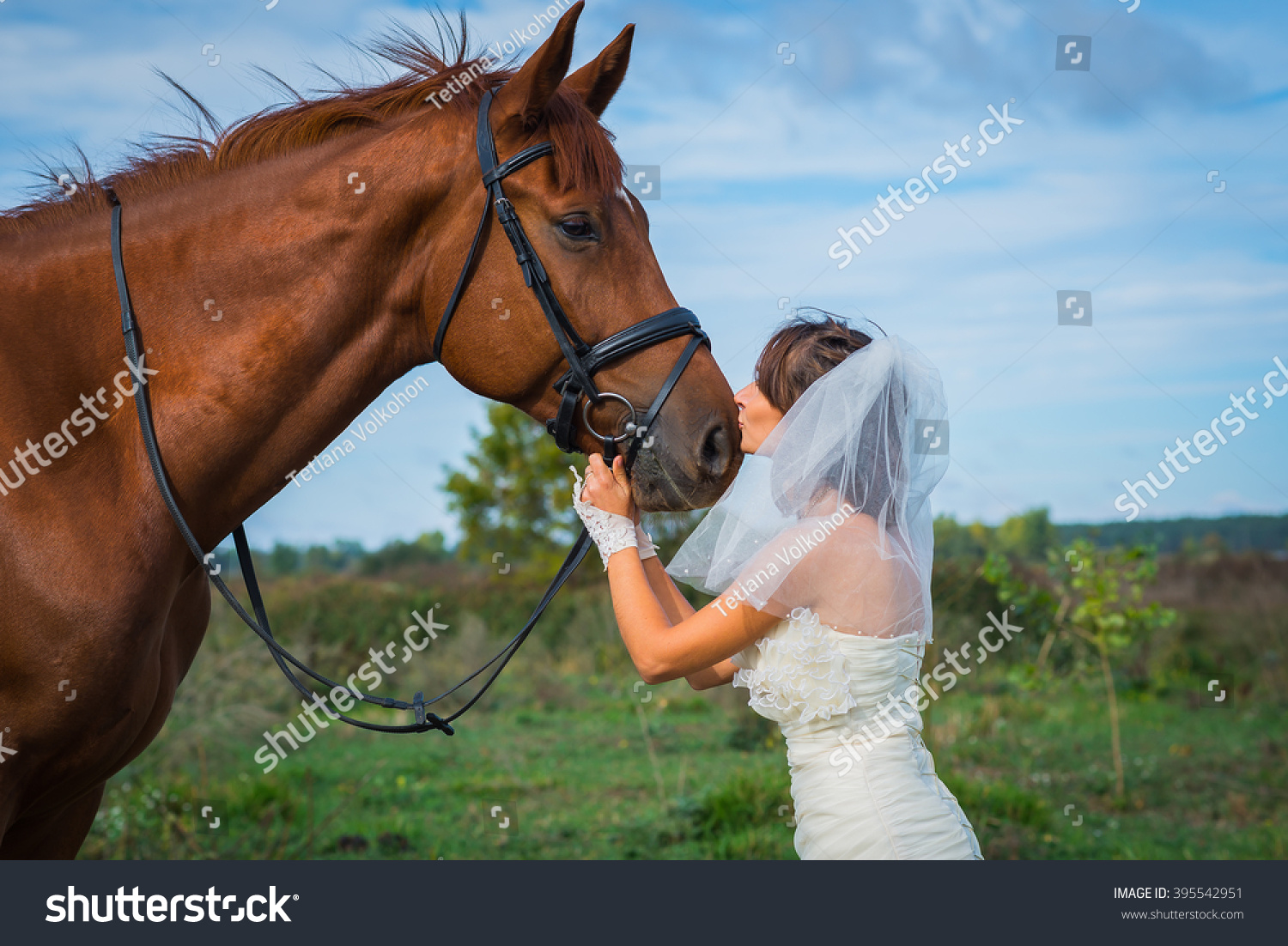 Portrait Brownhaired Woman Standing Front Horse Stock Photo Edit