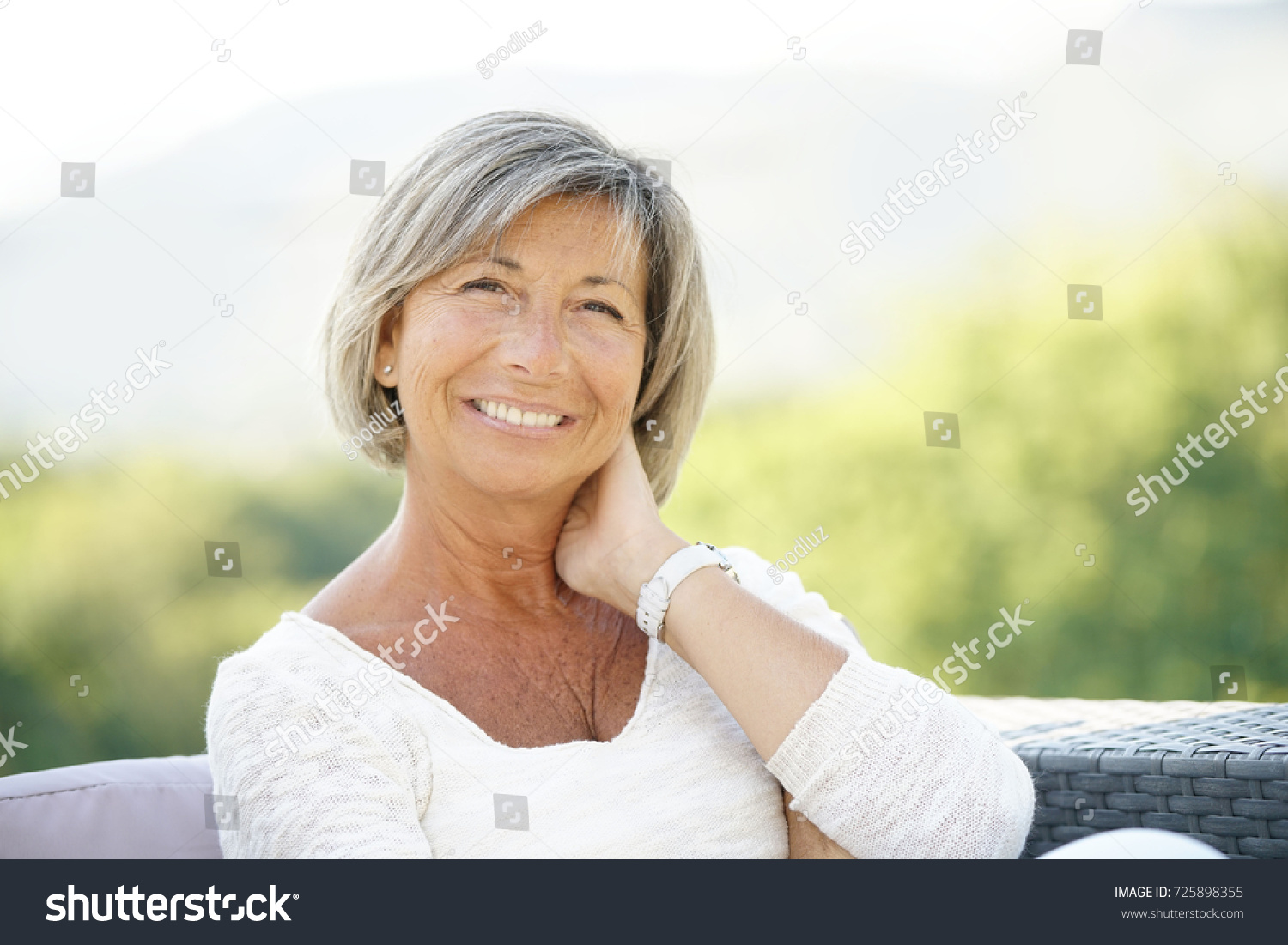 Portrait Cheerful Senior Woman Relaxing Outdoors Stock Photo 725898355 ...